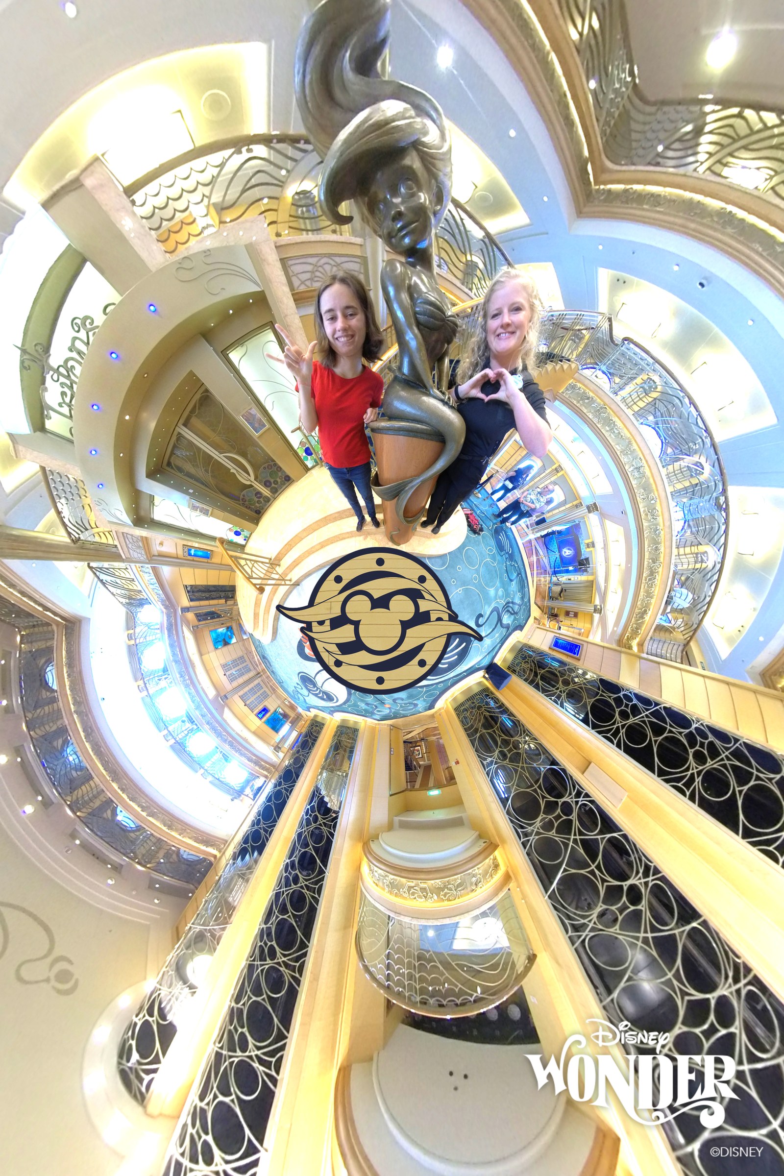 Lisa and a friend in a tiny-planet photo of the atrium
