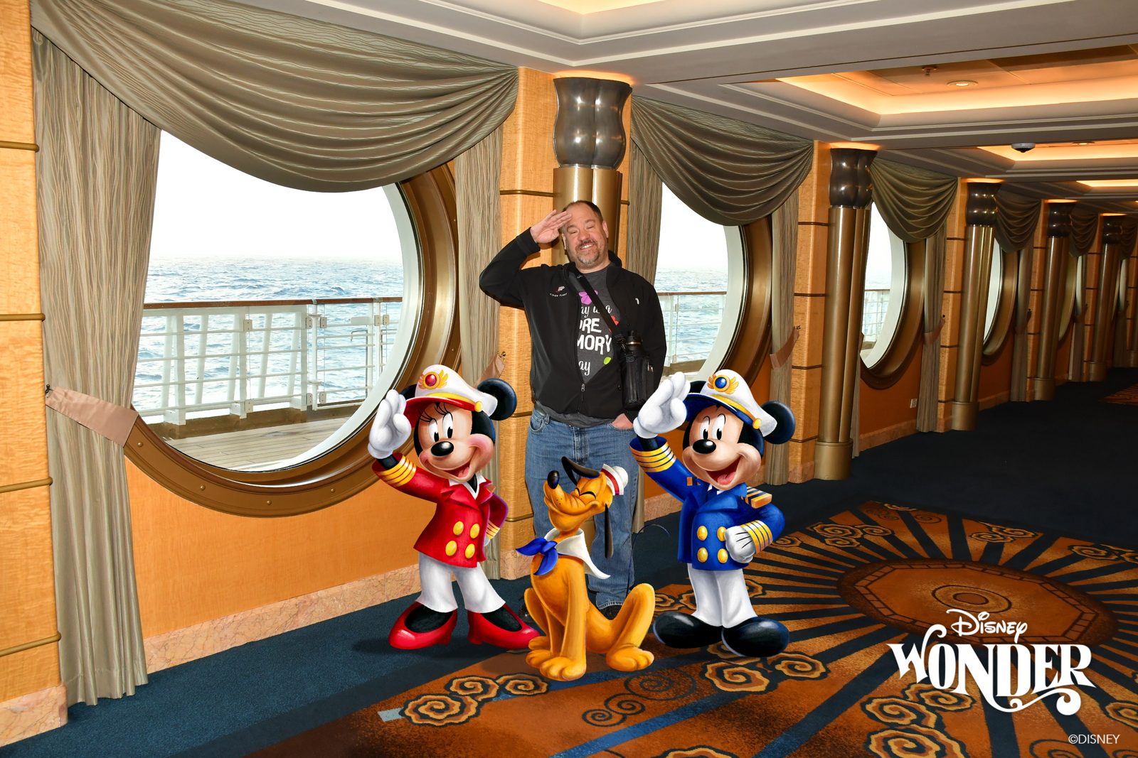 Michael saluting Magic Shot Minnie, Pluto and Mickey