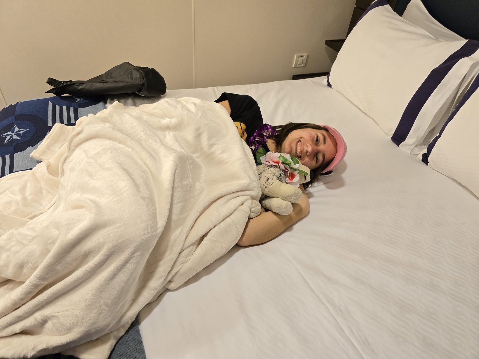 Lisa and Bob stretched out in the stateroom