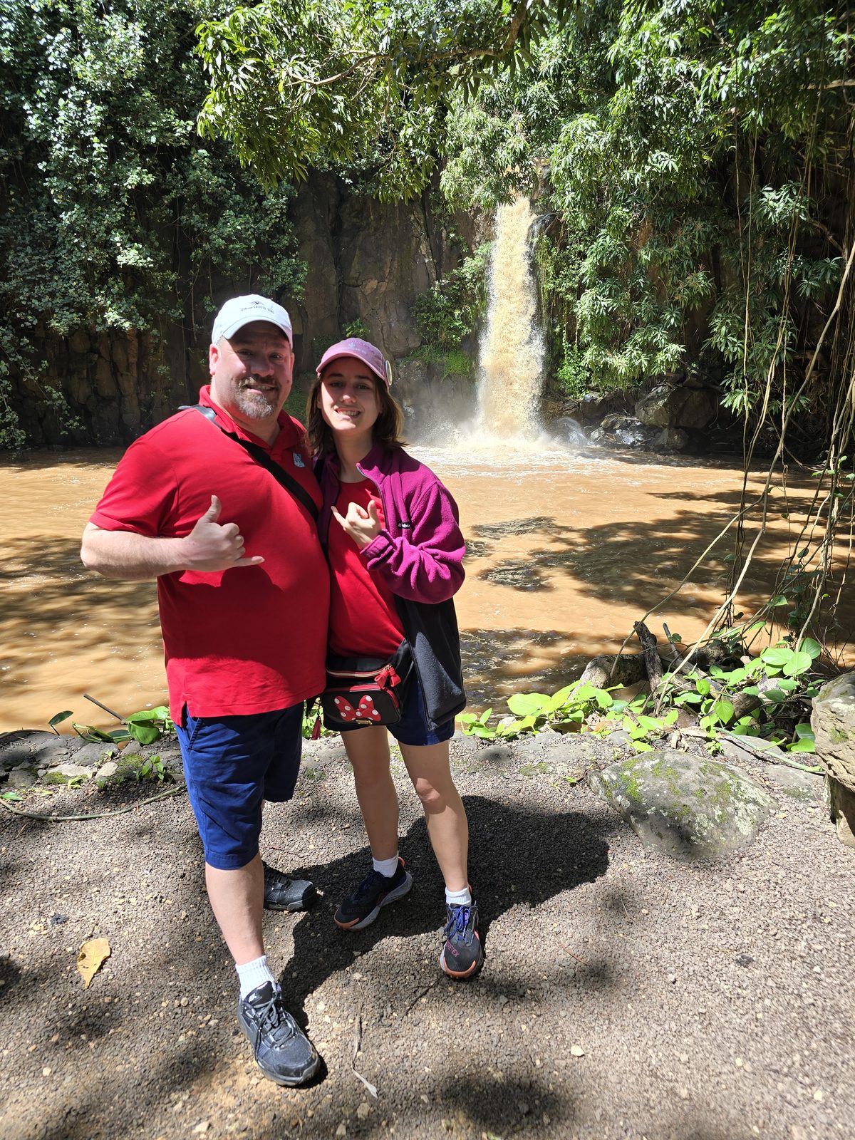 At the waterfall, running brown with rain