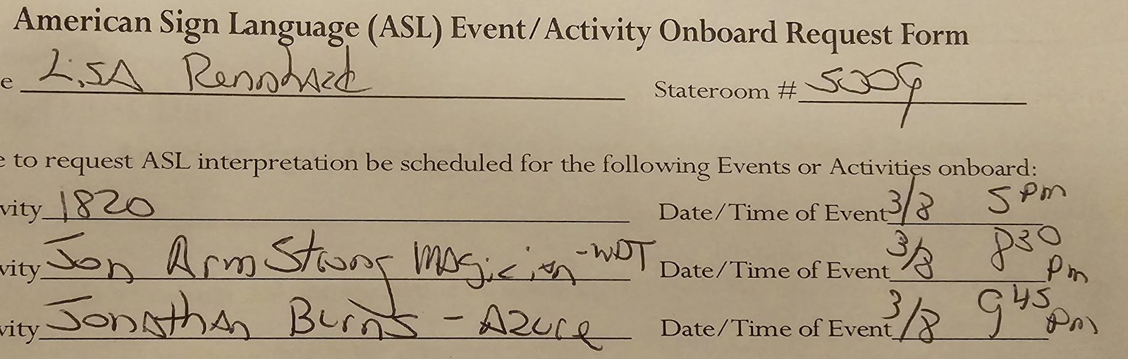 Lisa's ASL request form for tomorrow