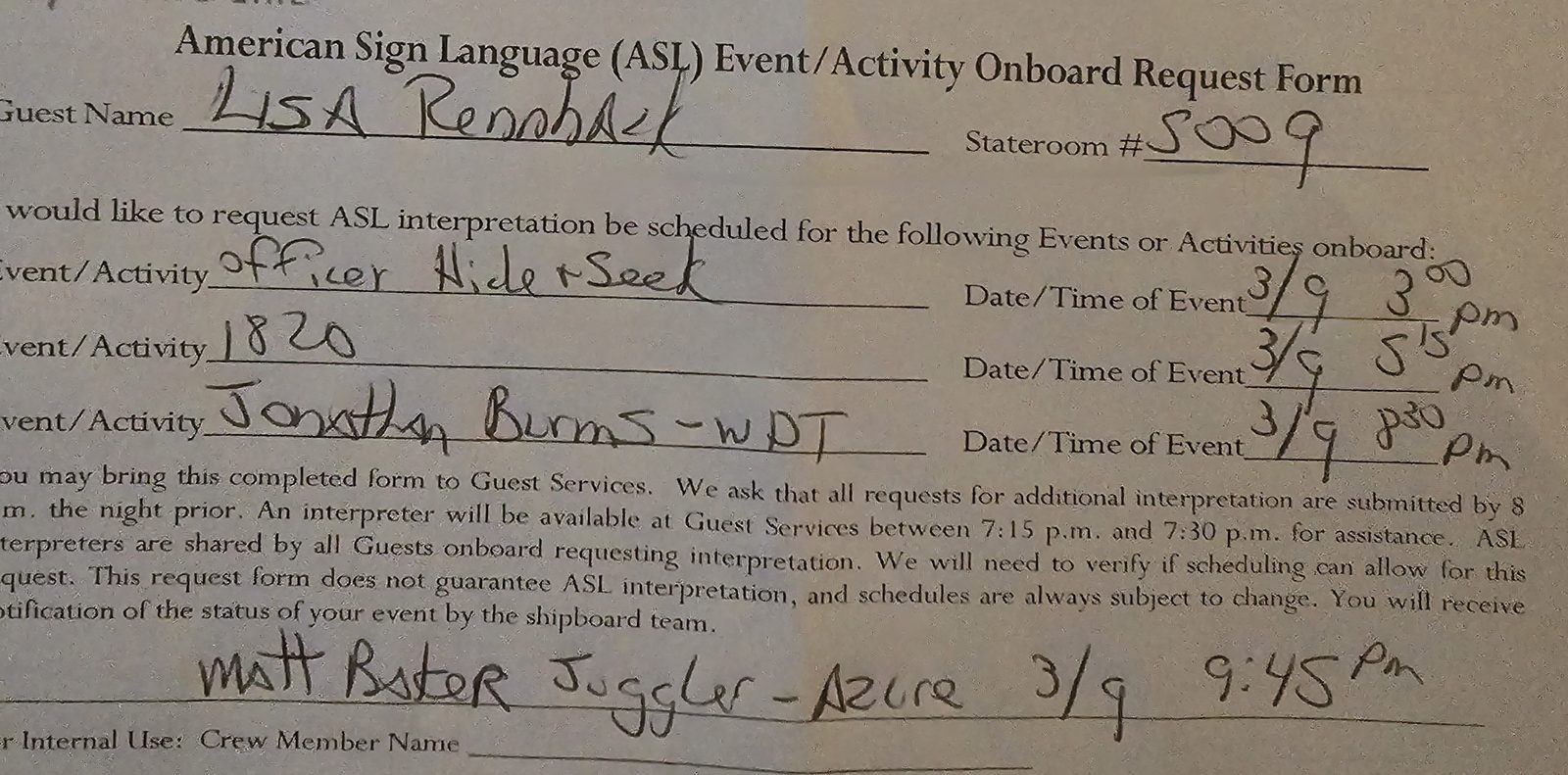 Lisa's ASL request form for tomorrow