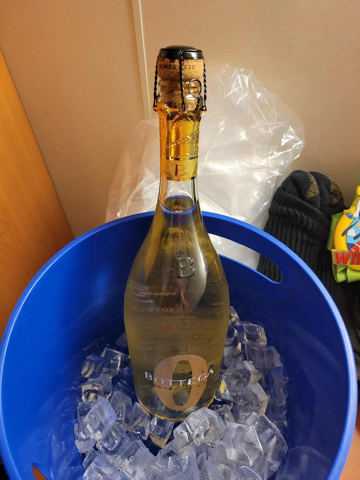 A bottle on ice waiting in the stateroom