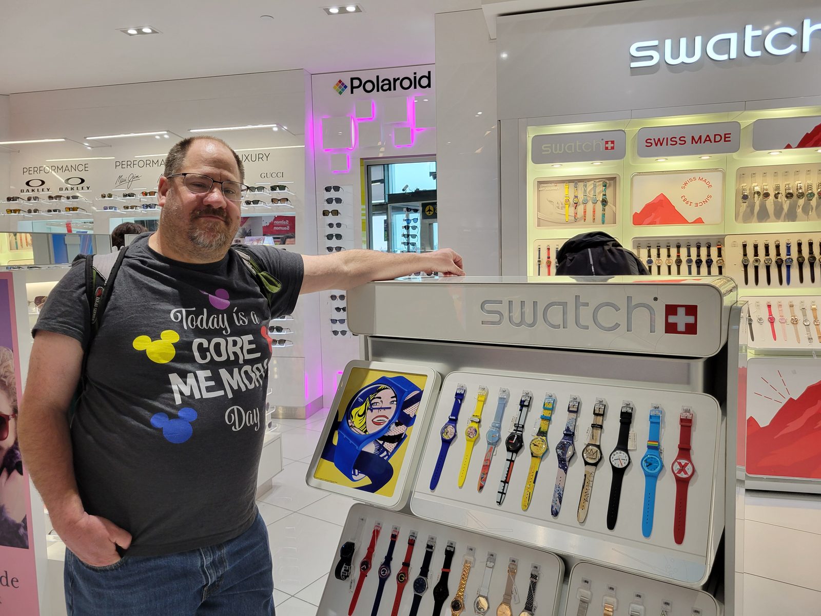 Browsing the Swatch store at the airport