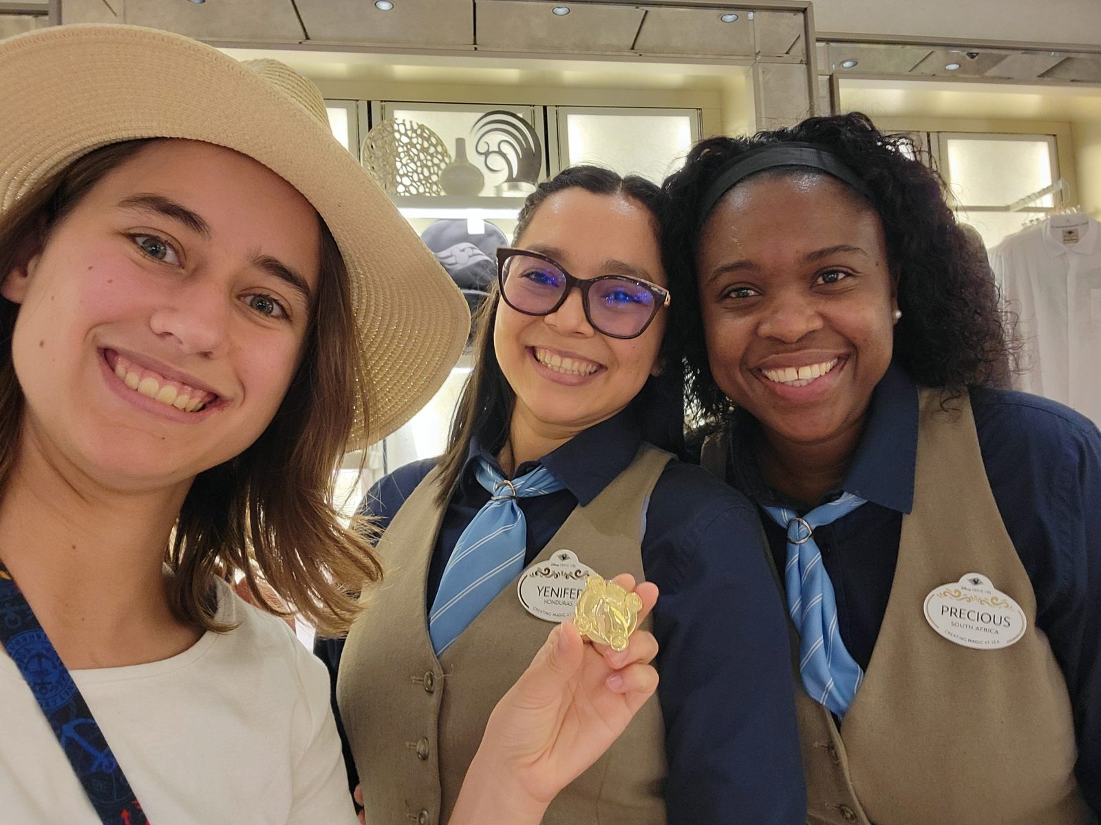 Lisa with two of the explorer-uniformed crew