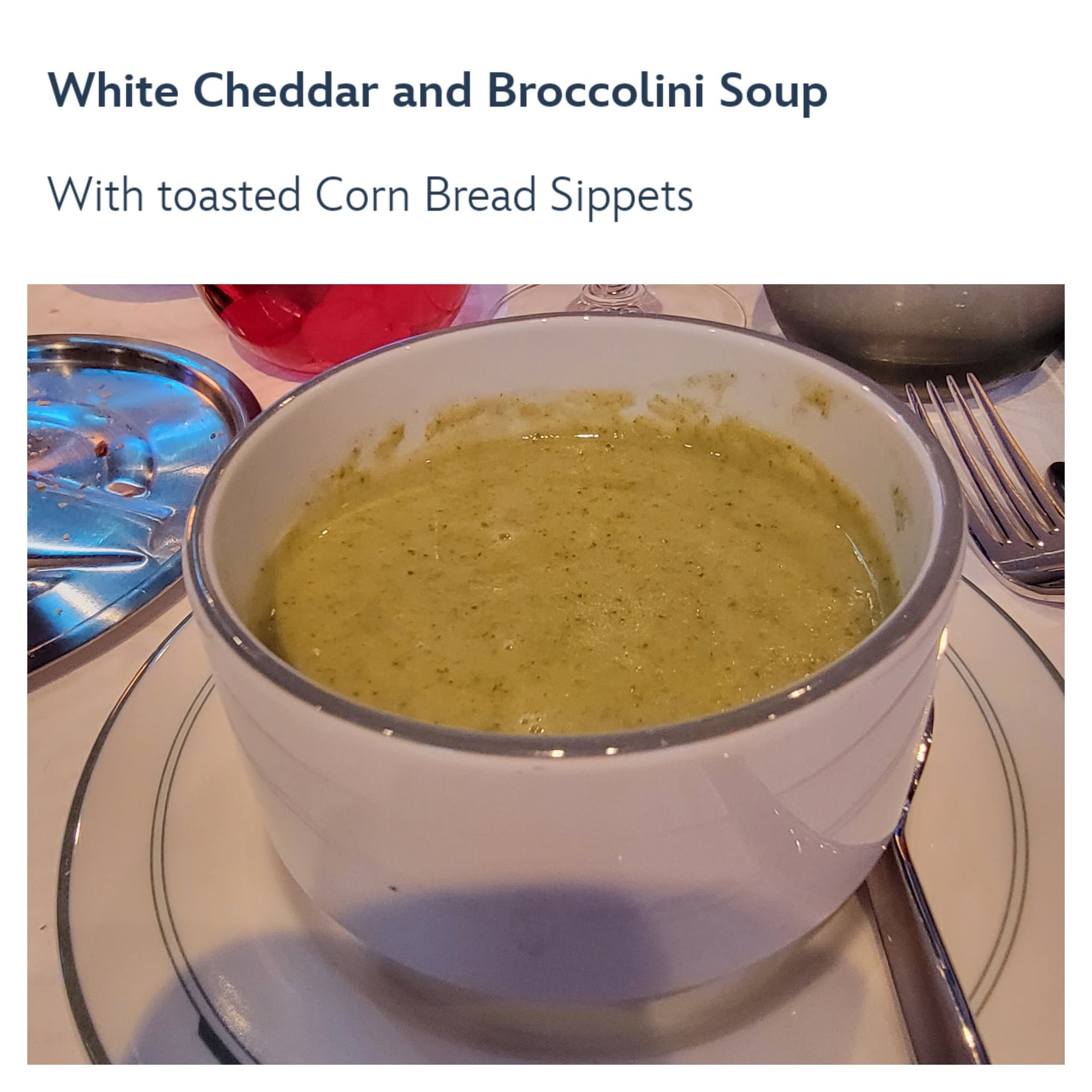 White cheddar and broccolini soup at Worlds of Marvel