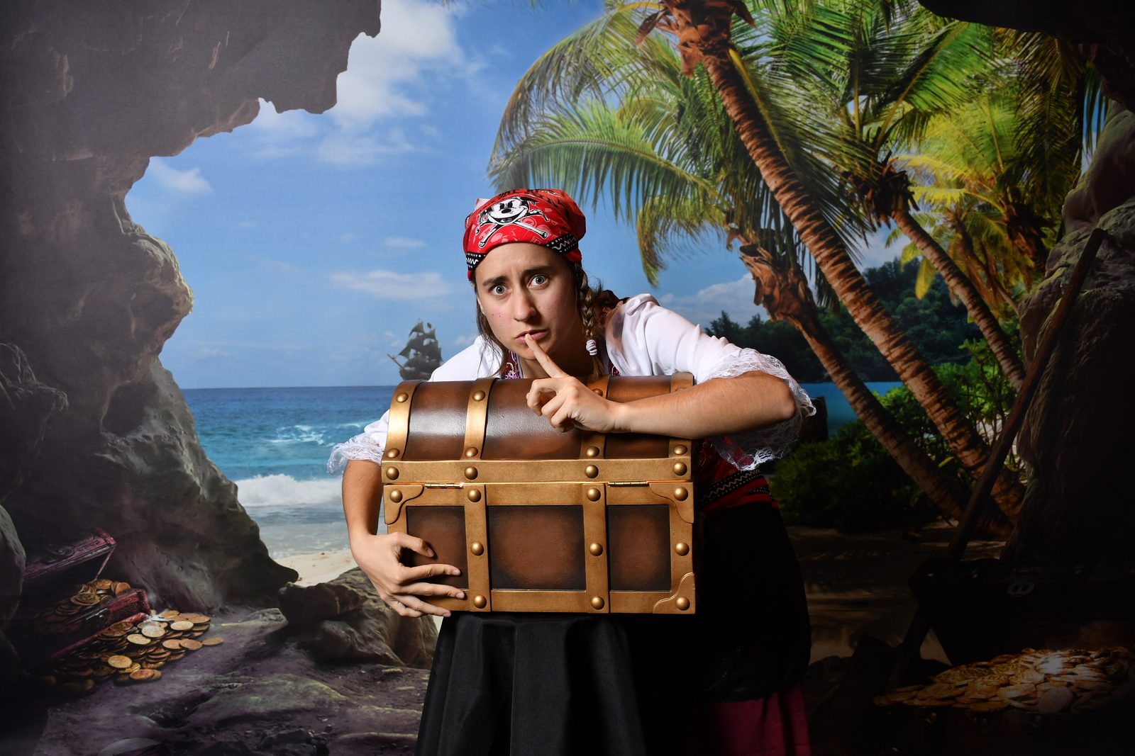Posing with the treasure chest