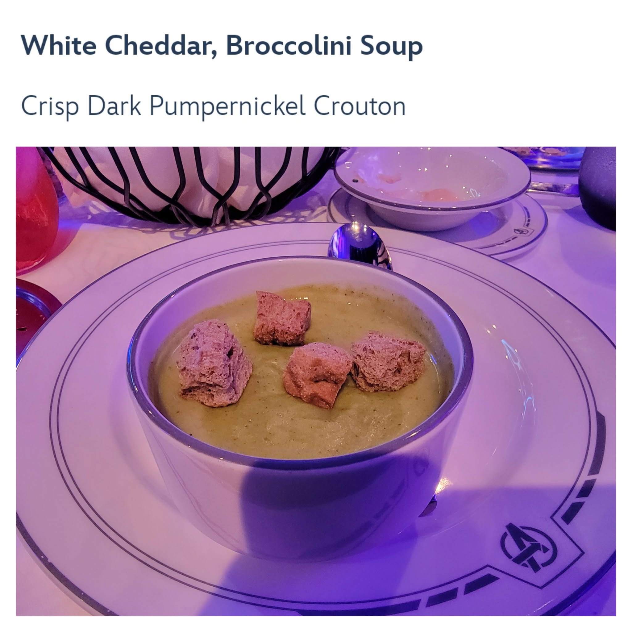 White cheddar broccolini soup at Worlds of Marvel