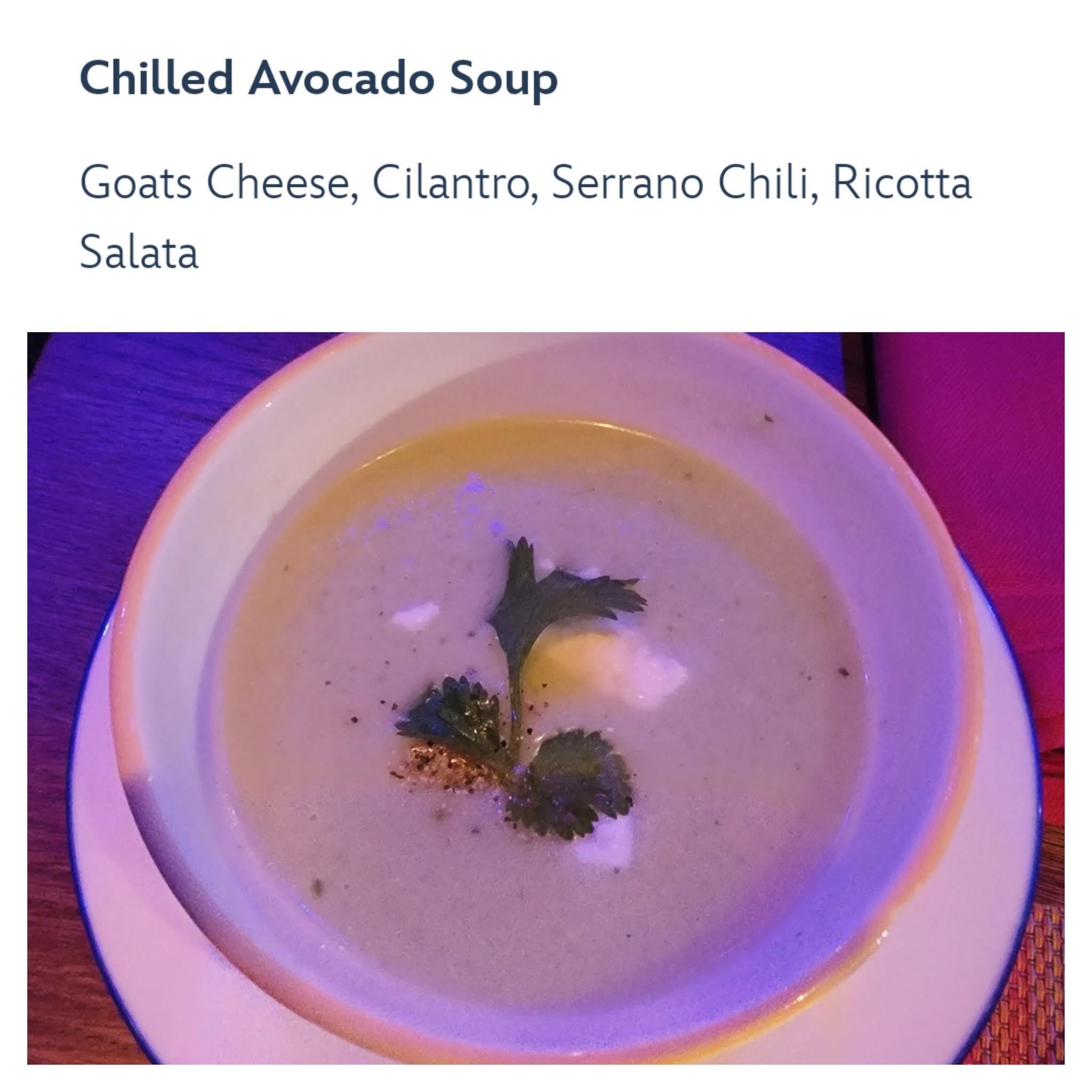 Chilled avocado soup at Plaza de Coco