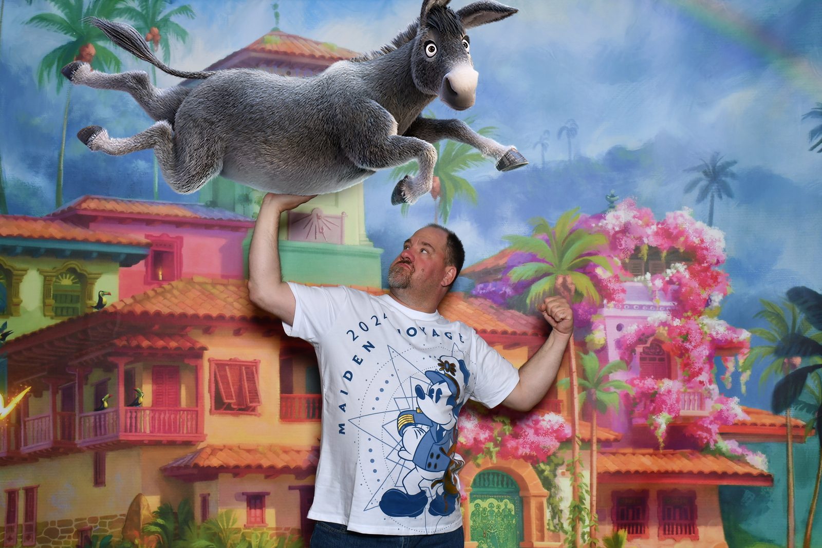 Encanto backdrop with a flying donkey