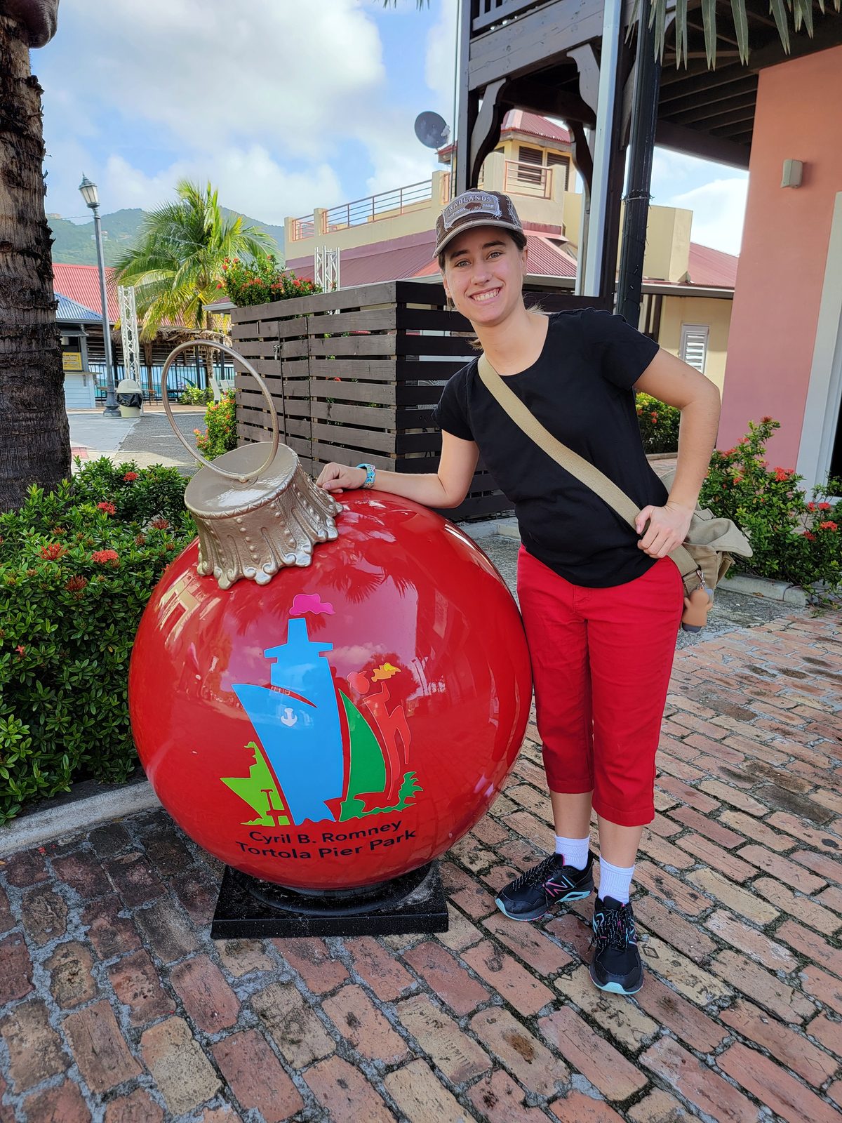 Lisa with the giant ornament at Tortola Pier Park