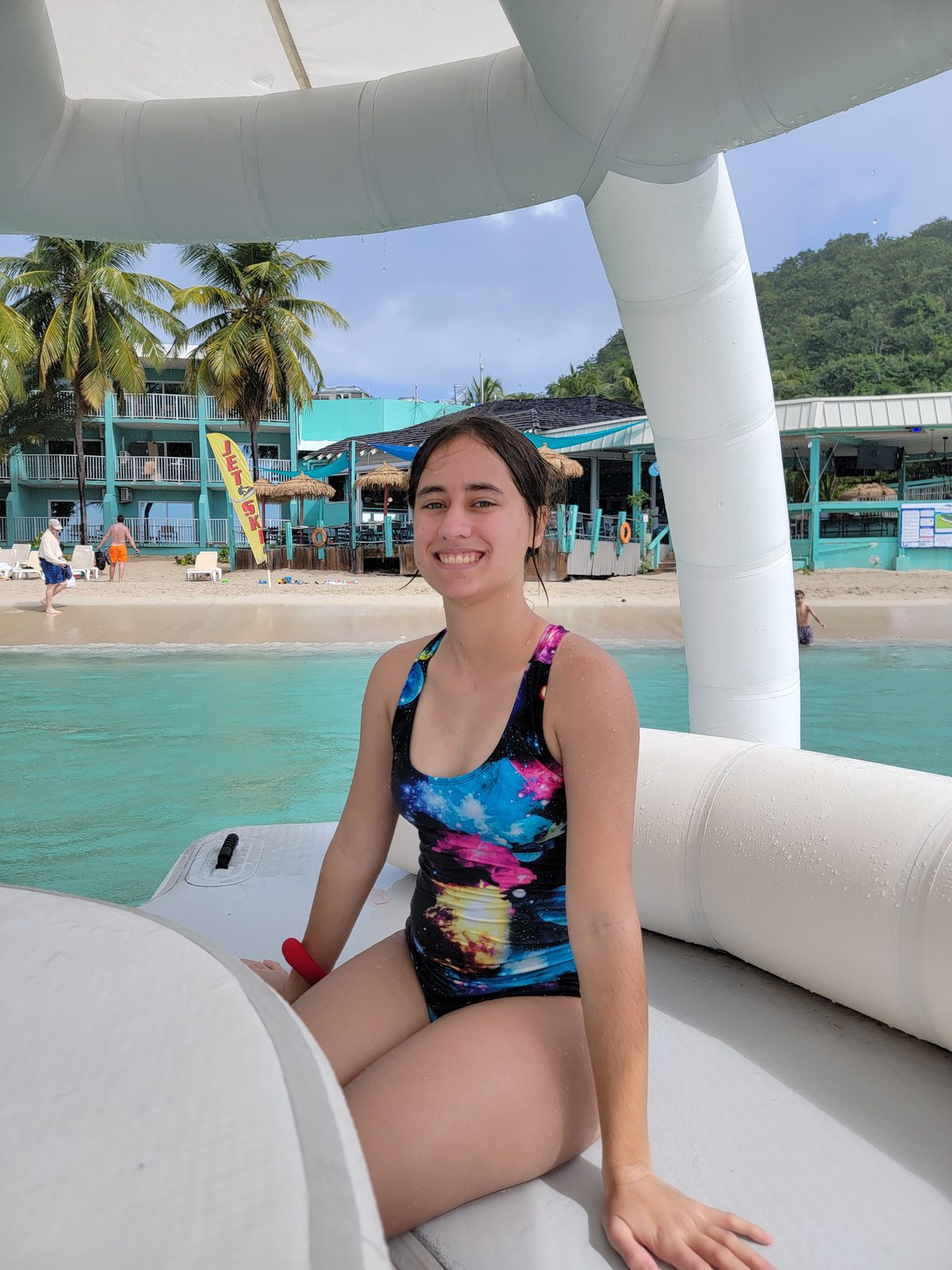 Lisa on the floating cabana at Emerald Beach Resort