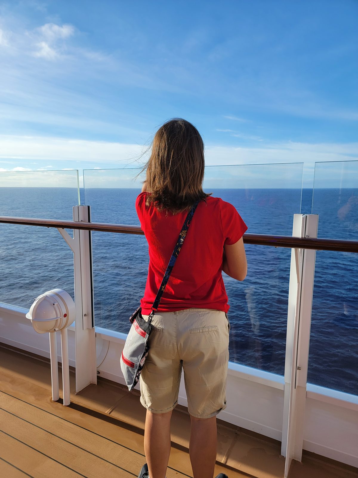 Kathy watches sunrise from the rail