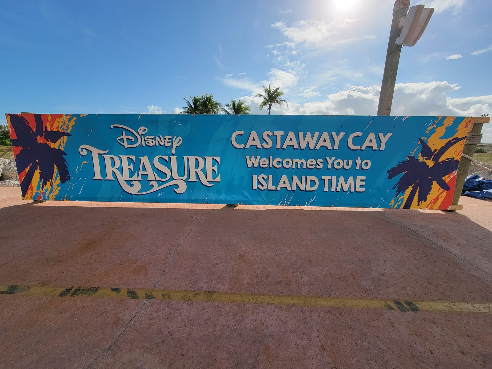 The Disney Treasure welcome banner at Castaway Cay