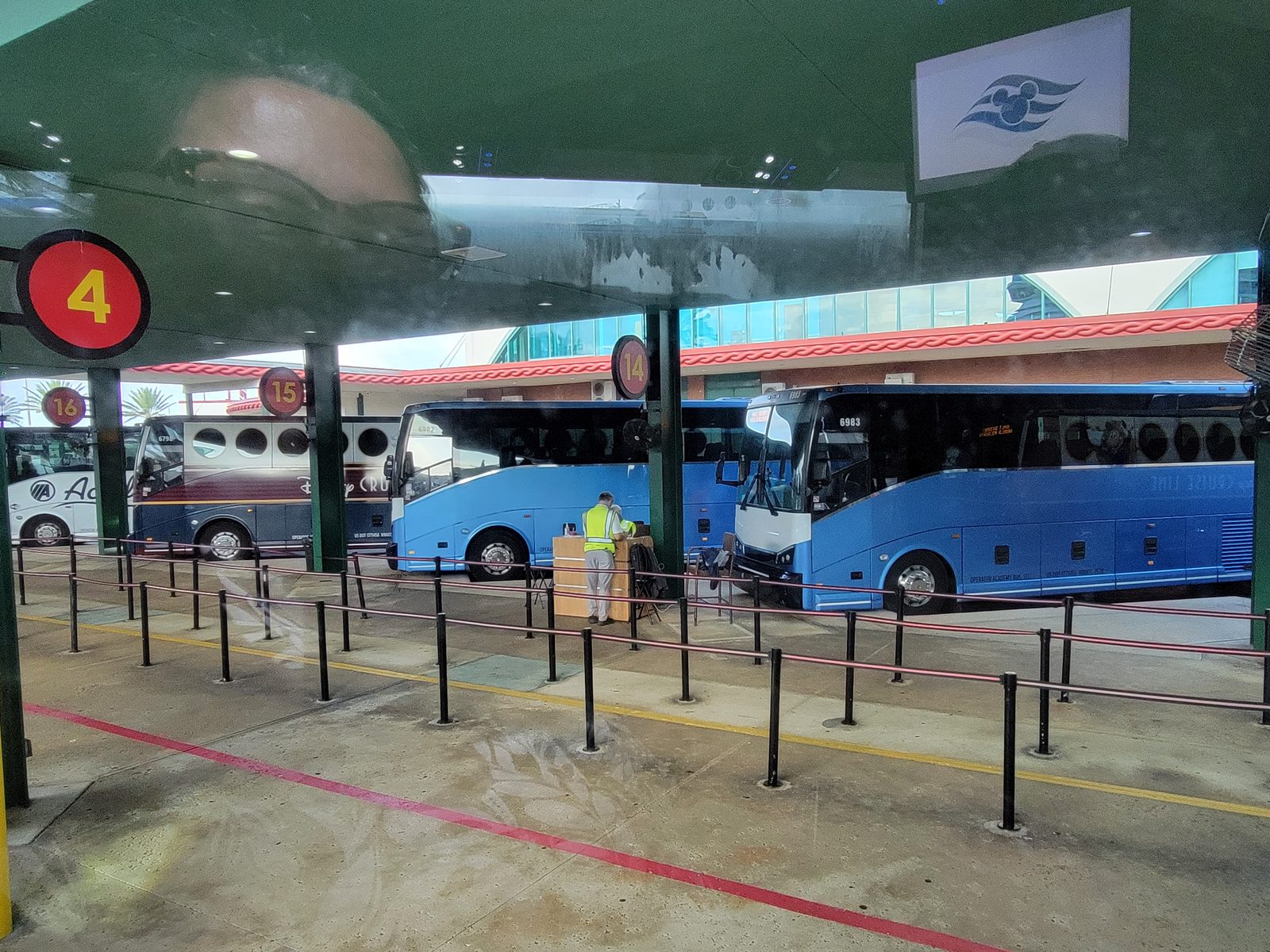 Buses lined up at Port Canaveral, heading to the airport