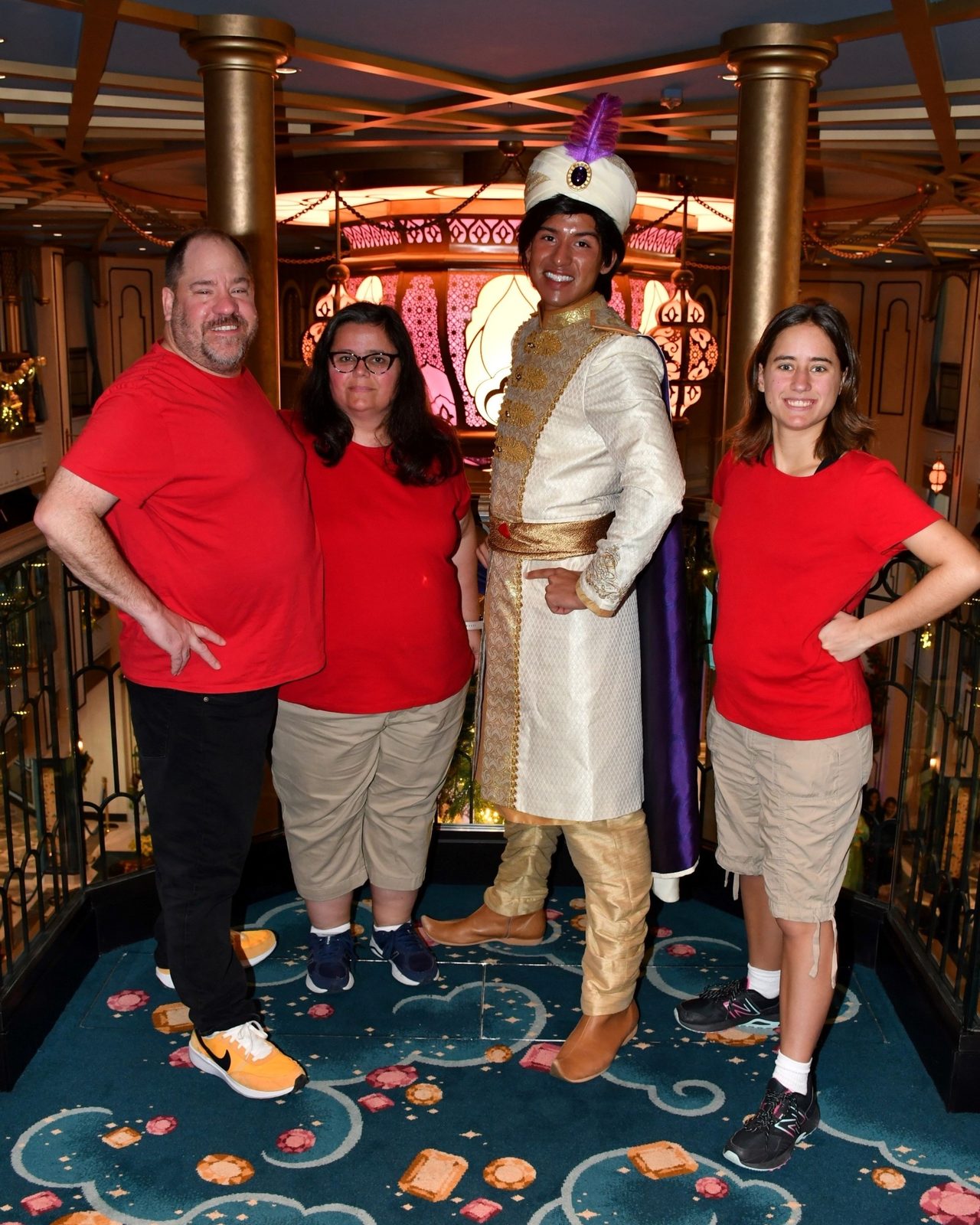 Michael, Kathy, Aladdin in his Prince Ali outfit & Lisa in the Grand Hall