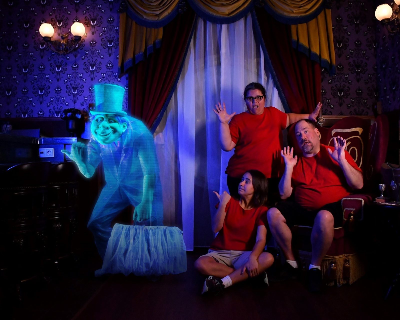 Kathy, Lisa and Michael in the Haunted Mansion Parlor