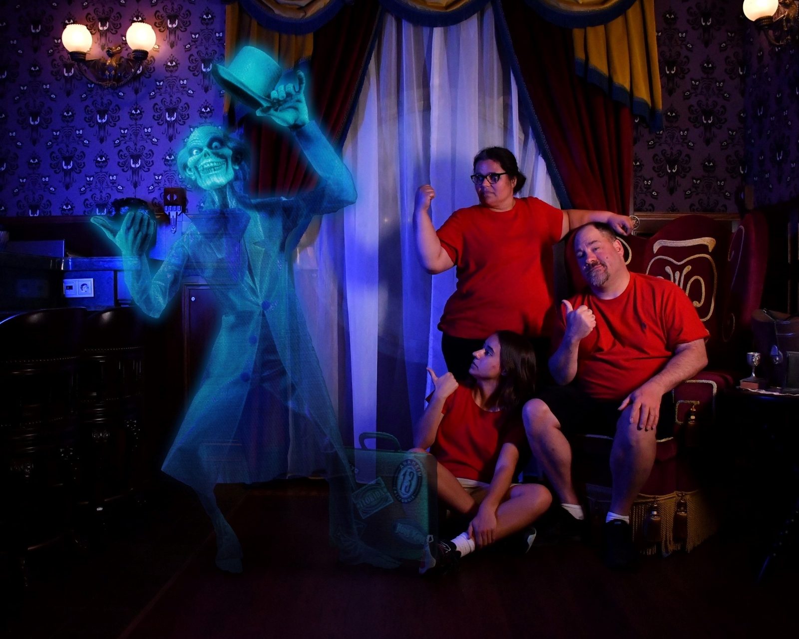 Kathy, Lisa and Michael in the Haunted Mansion Parlor