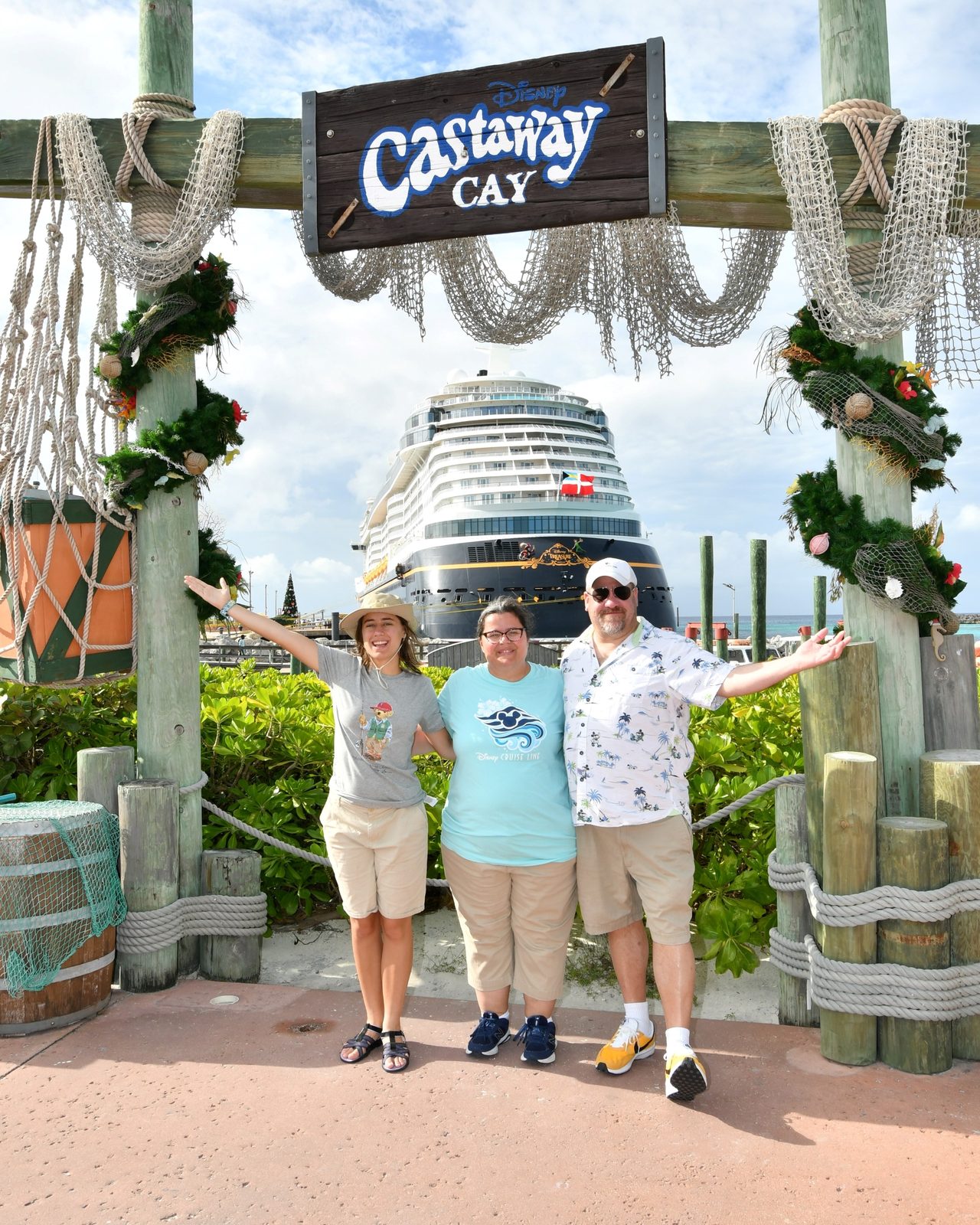 Lisa, Kathy and Michael at the Castaway Cay sign