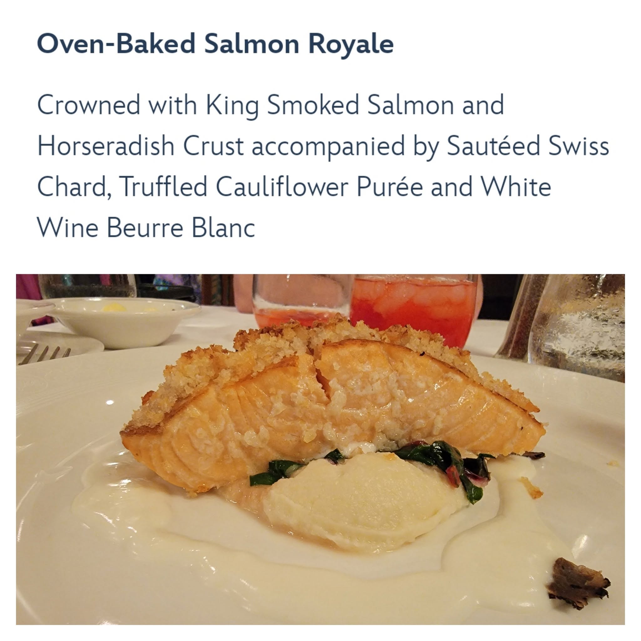 Oven-baked salmon royale on formal night