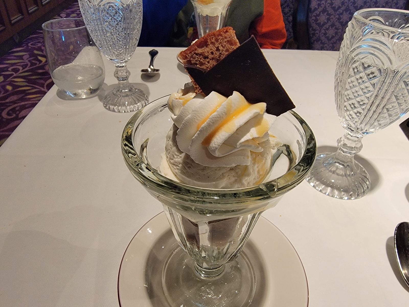 A crystal glass dessert at dinner