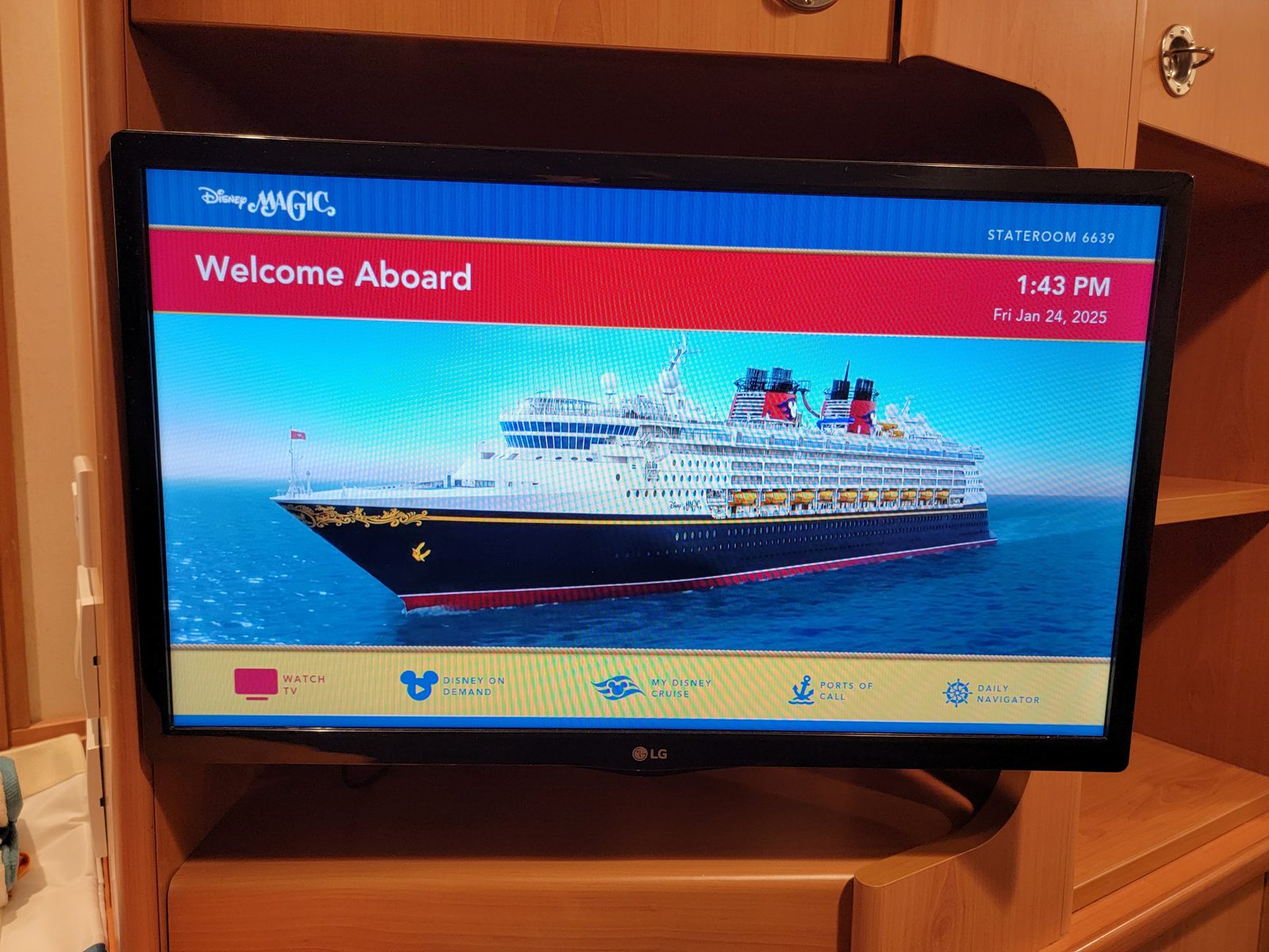 Welcome aboard, on the stateroom TV