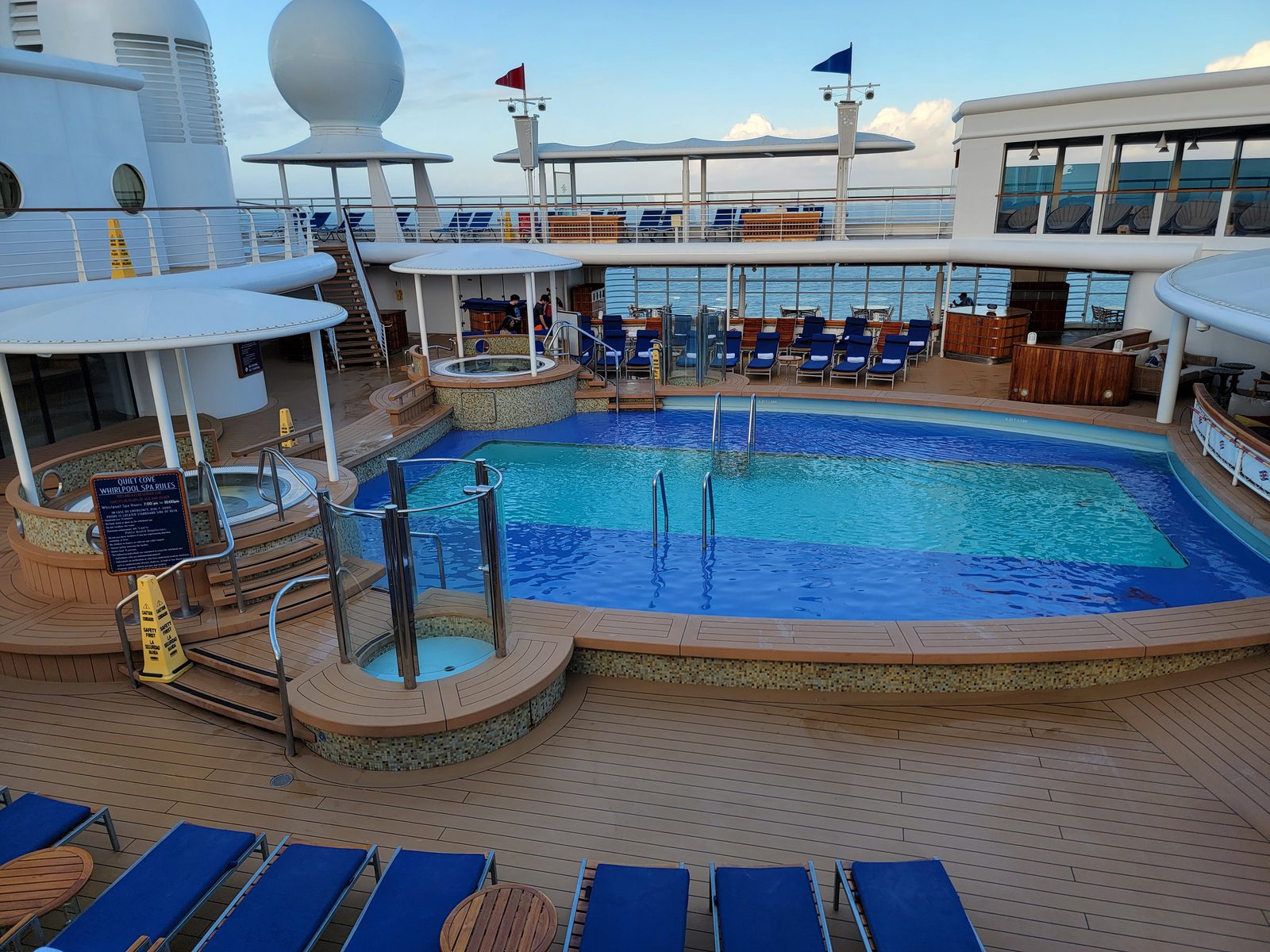 The pool deck, empty at sunrise