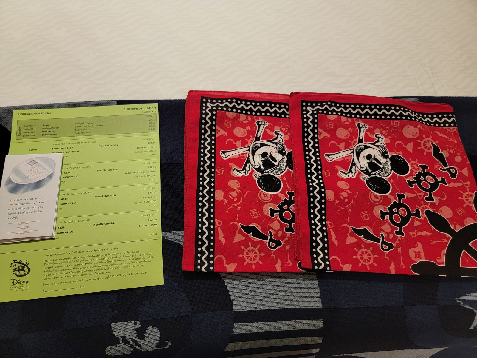 Matching Mickey bandanas laid out for Pirate Night