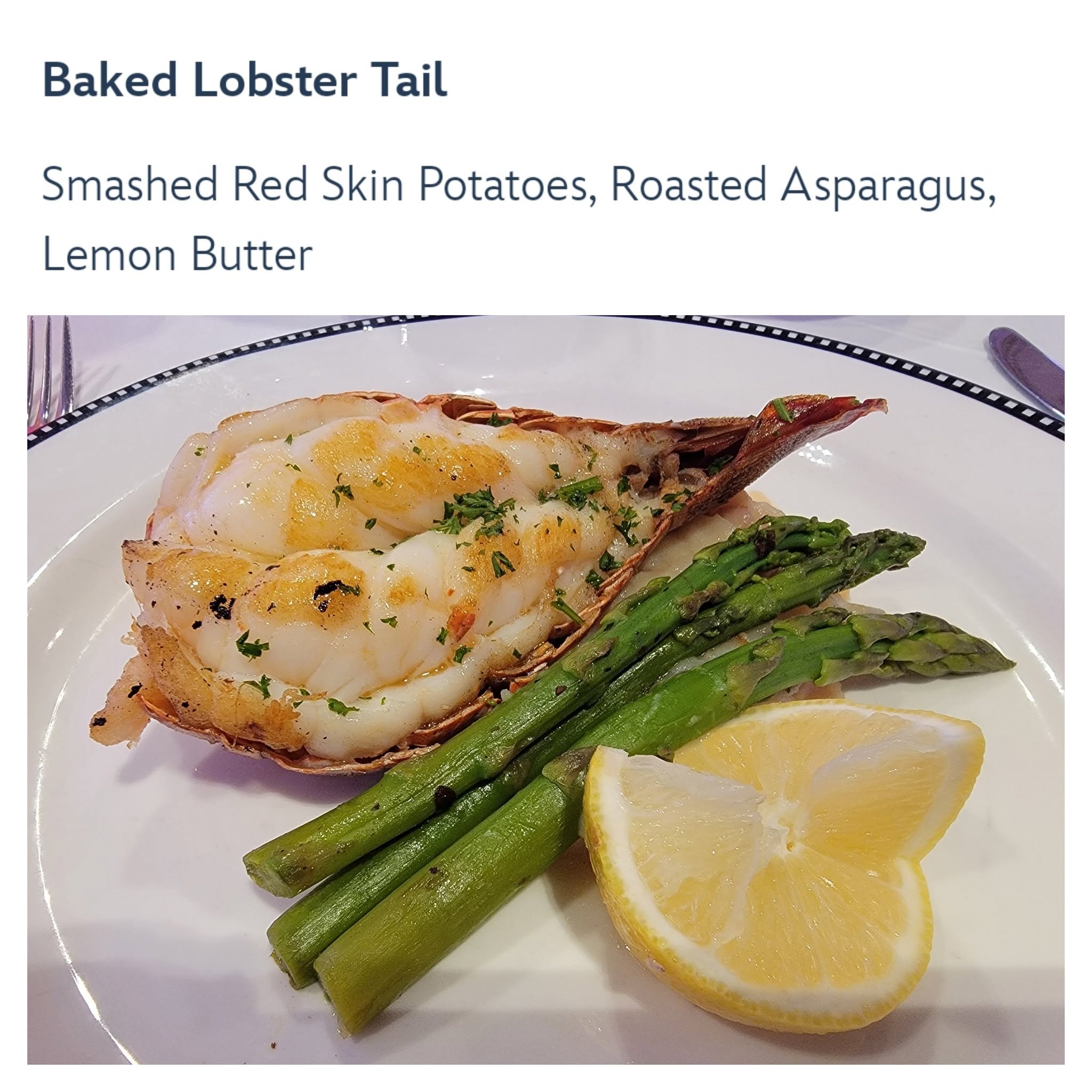 Baked lobster tail at dinner on the Wonder