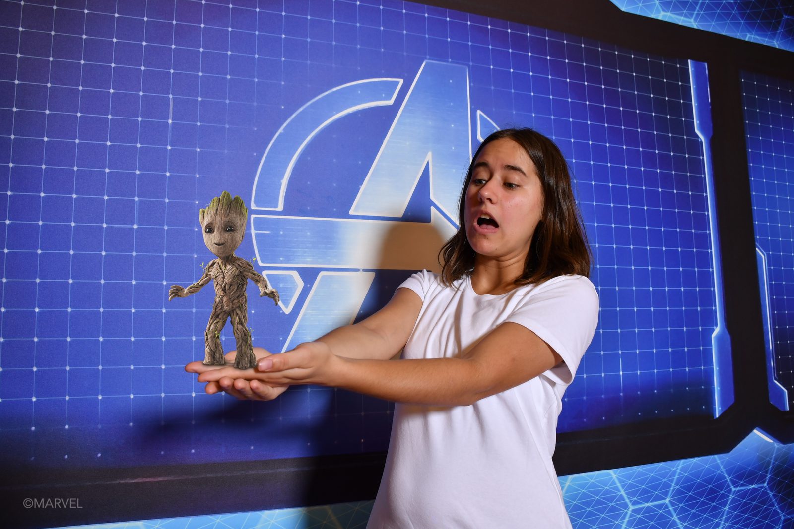 Lisa with Groot at the Marvel wall on the Wonder