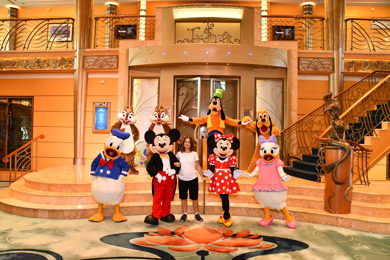 Lisa in the Lobby Atrium with Donald, Mickey, Minnie, Daisy, Goofy, Pluto, Chip & Dale