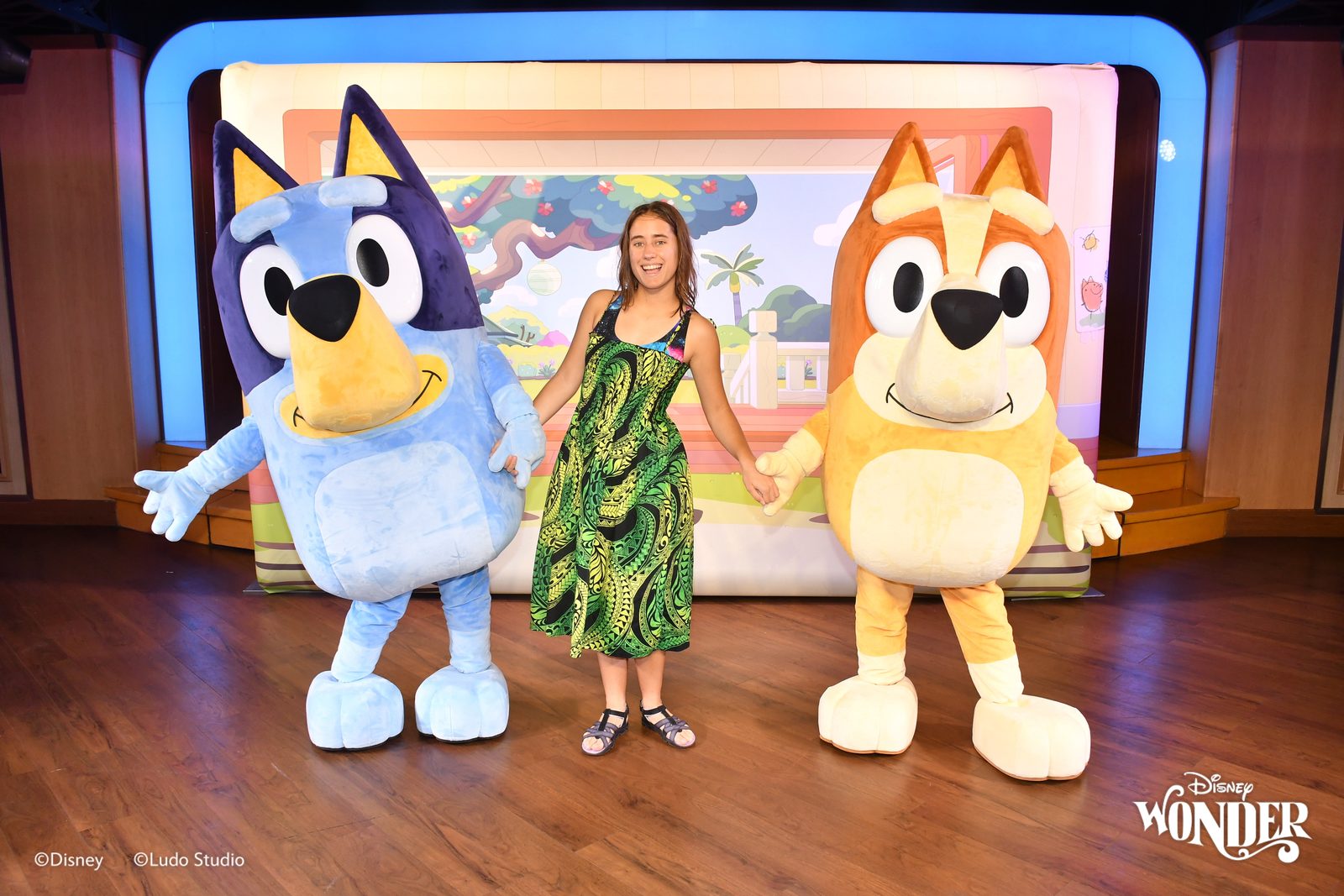 Bluey, Lisa & Bingo on the Bluey set on Crossing the Equator day