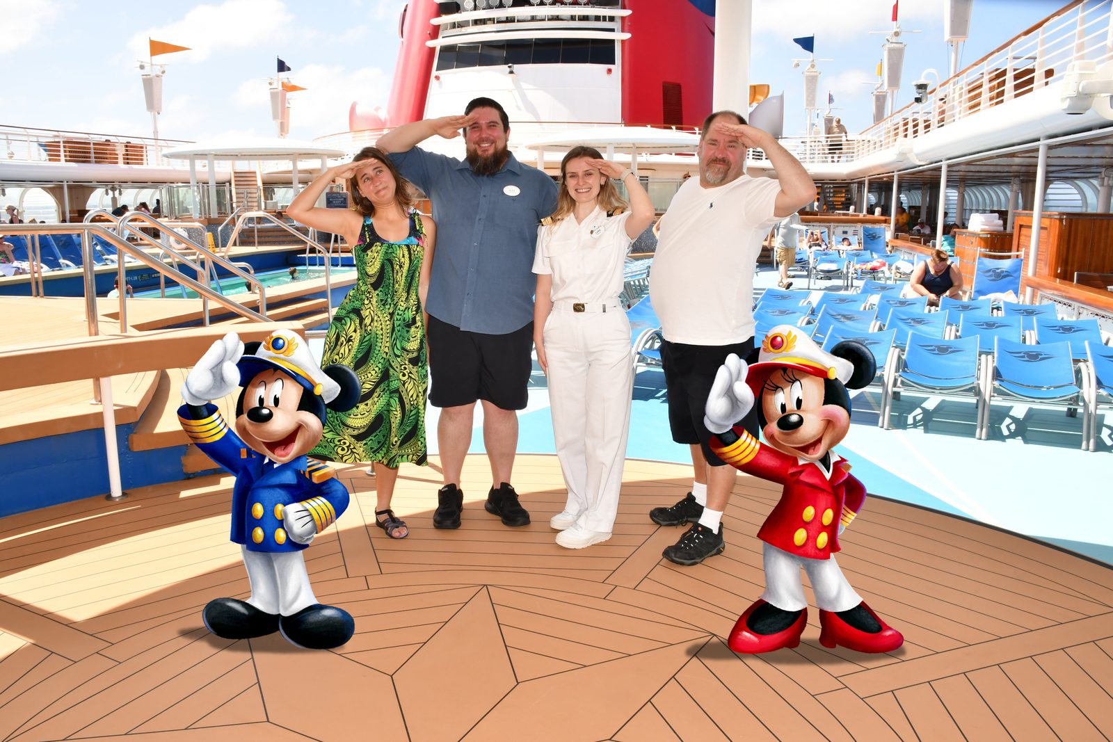 Lisa, Alex and Michael with Captain Mickey and Minnie on deck