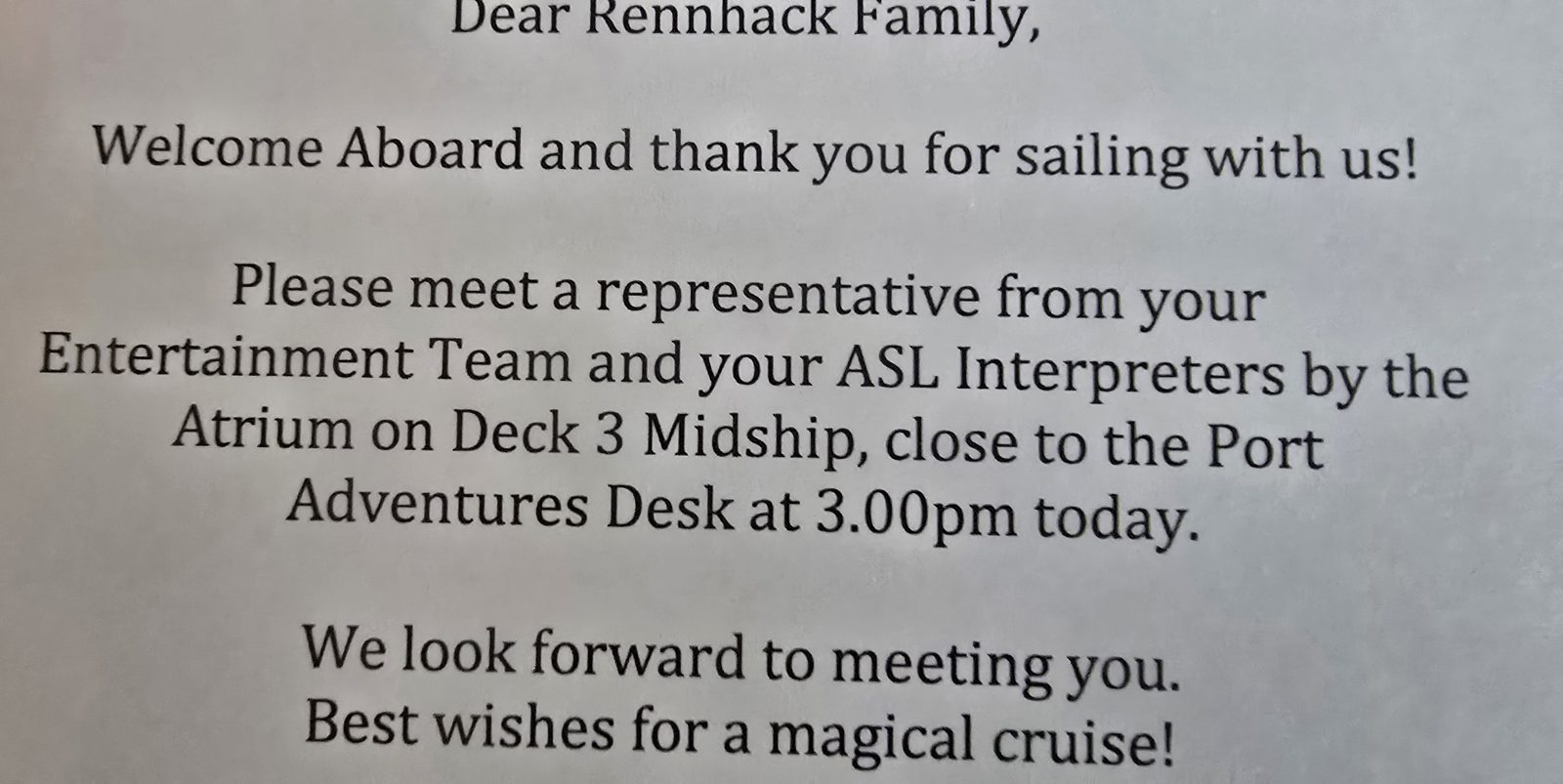 The welcome note about meeting our ASL interpreters at 3