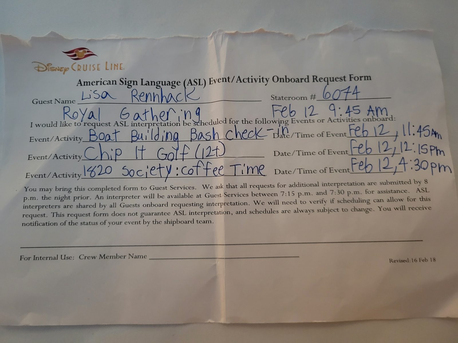 Lisa's ASL request for the Royal Gathering and Chip It Golf