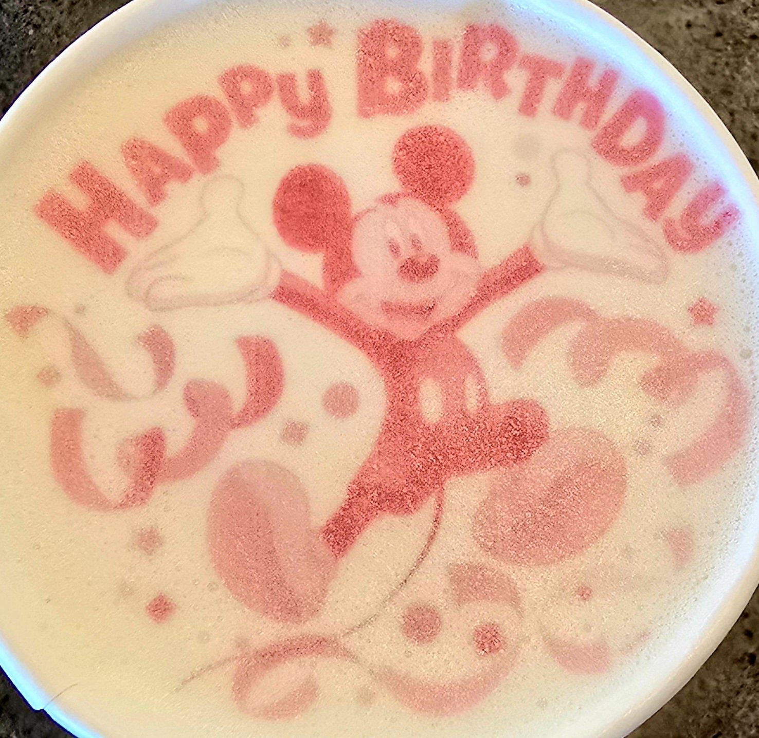 Mickey Happy Birthday latte on the Wonder