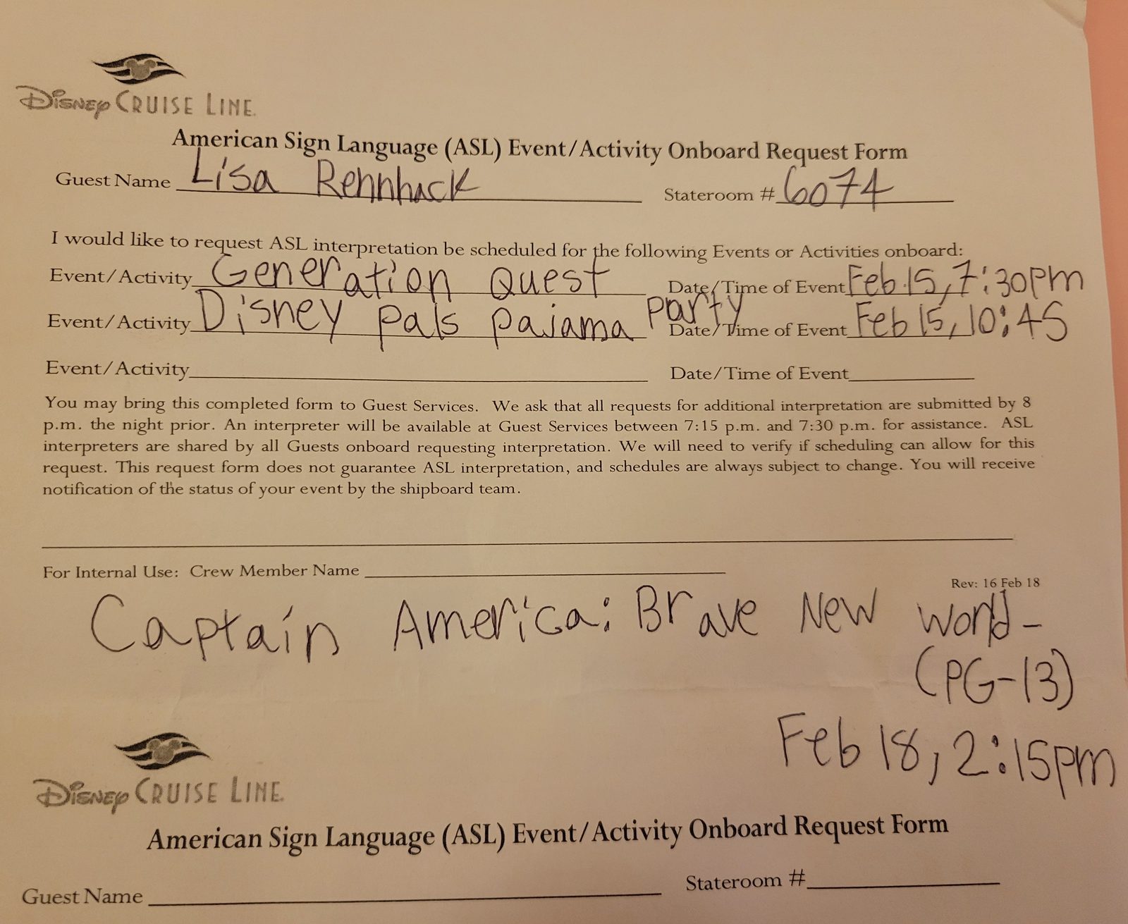 Lisa's request form for ASL interpreters
