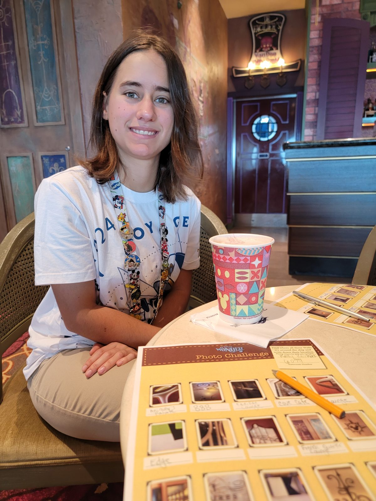 Lisa at morning happy hour with the scavenger hunt sheet