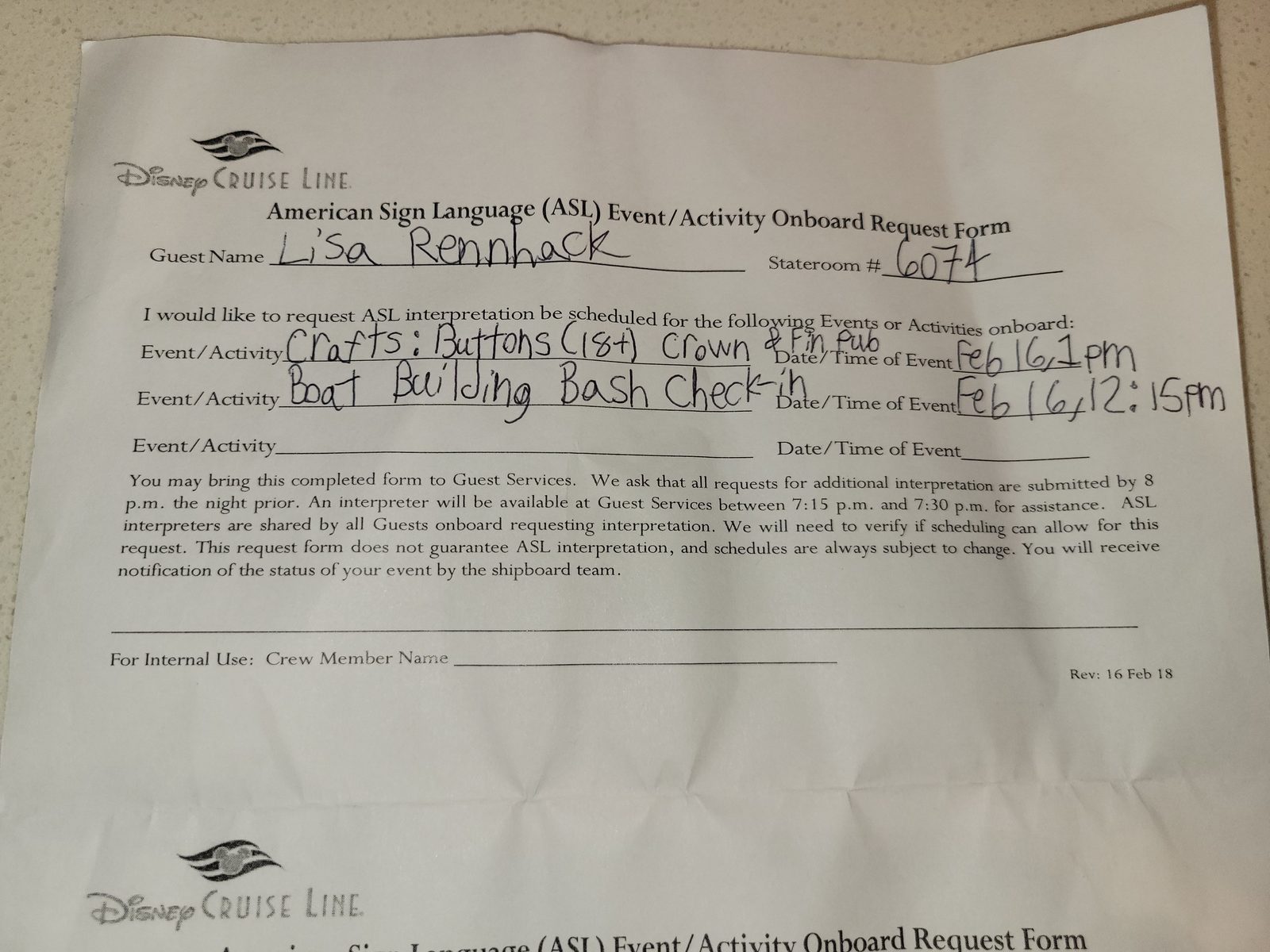 Lisa's request form for ASL interpreters