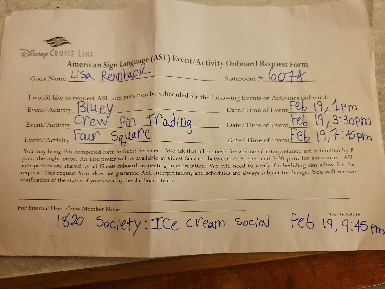 Lisa's ASL request for Bluey and Cast Member pin trading