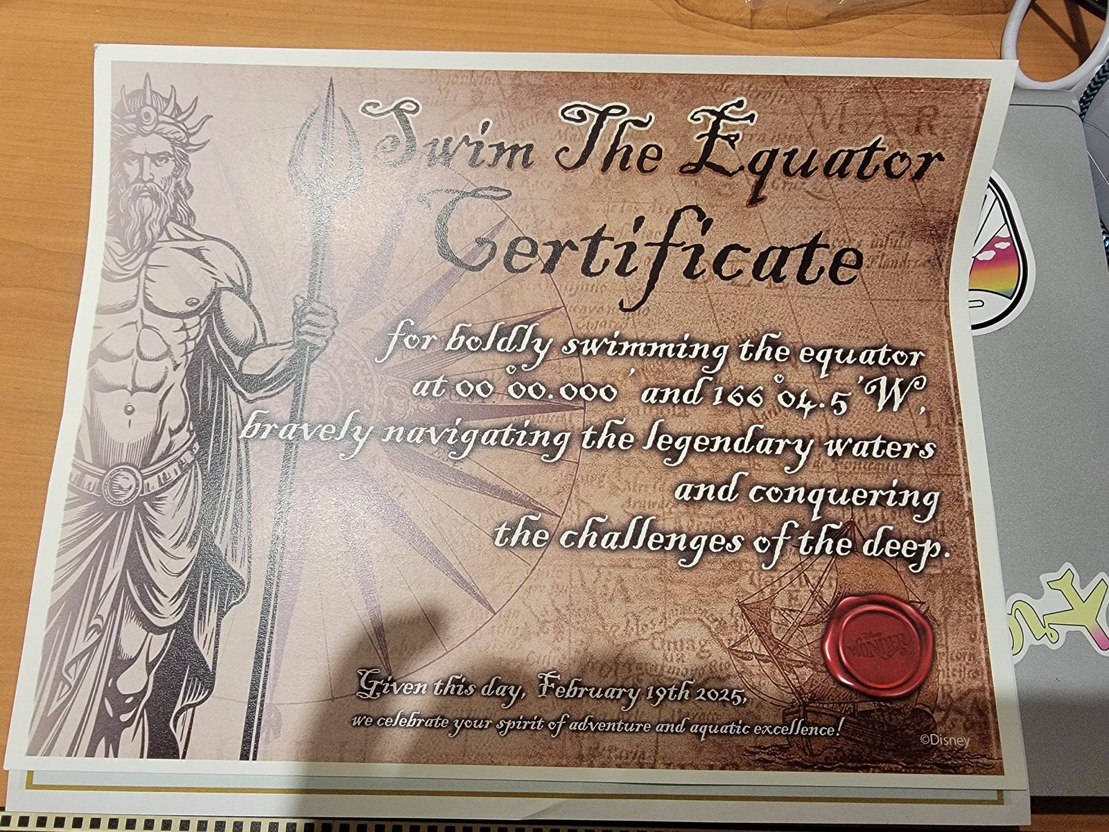My certificate for swimming the equator