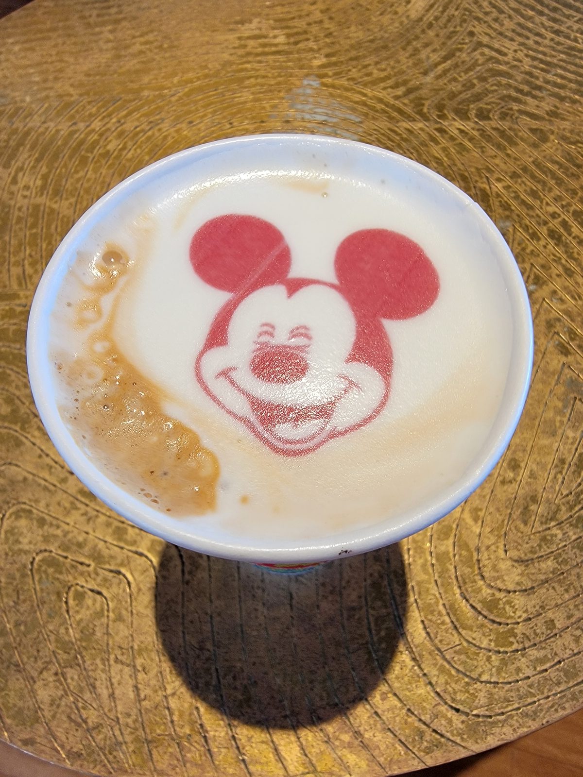Mickey drawn in the coffee foam