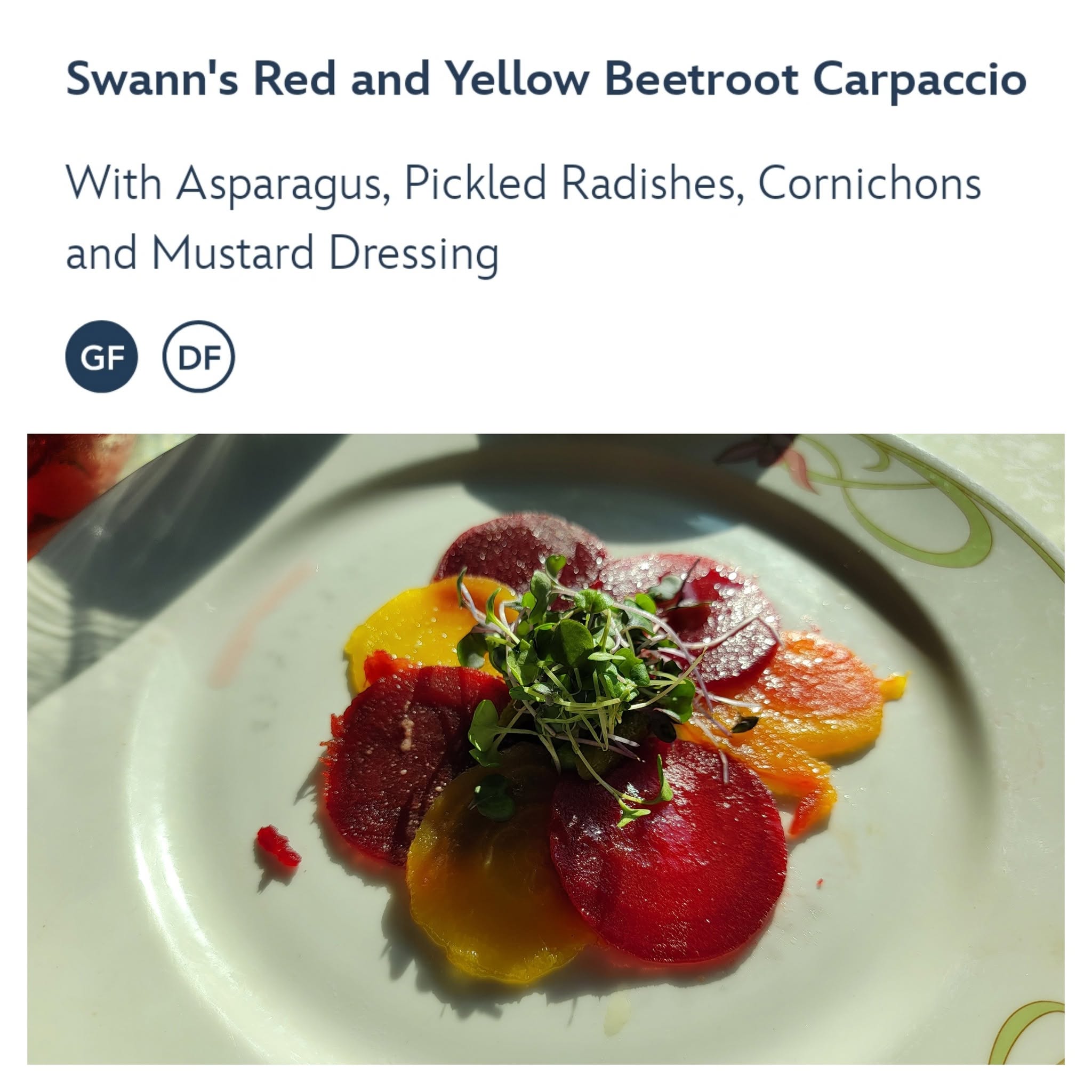 Red and yellow beetroot carpaccio, one of Kathy's favorite dishes