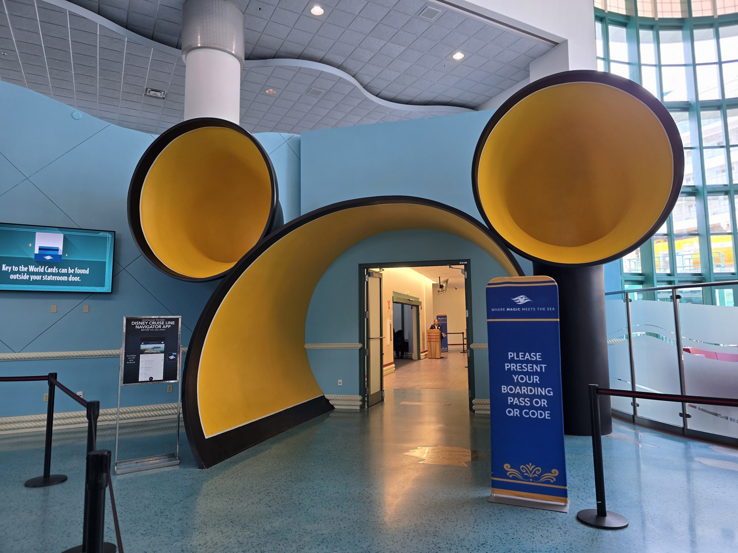 The Mickey-ear doorway to the gangway at Port Canaveral