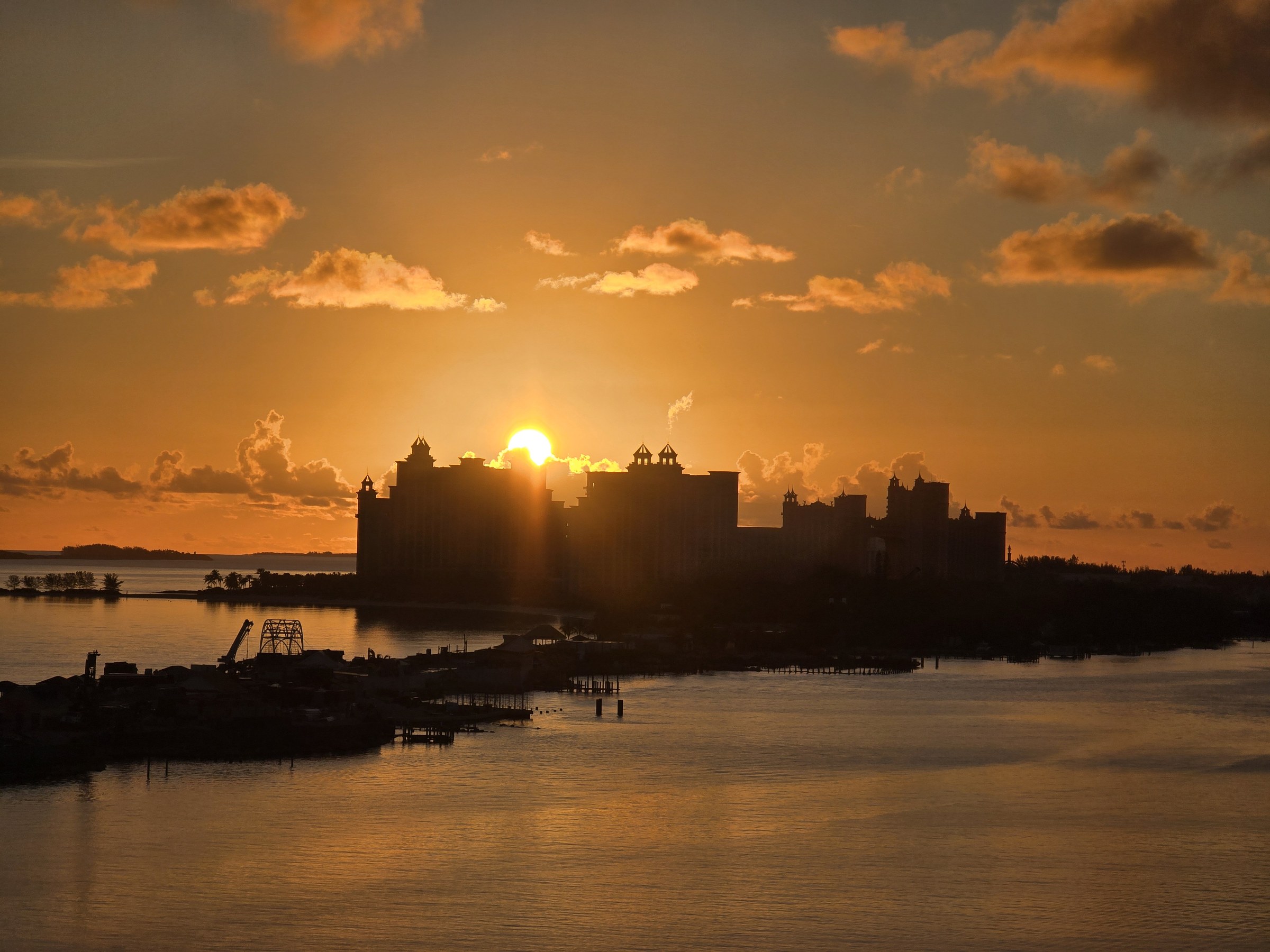 Sunrise behind Atlantis as we came into Nassau
