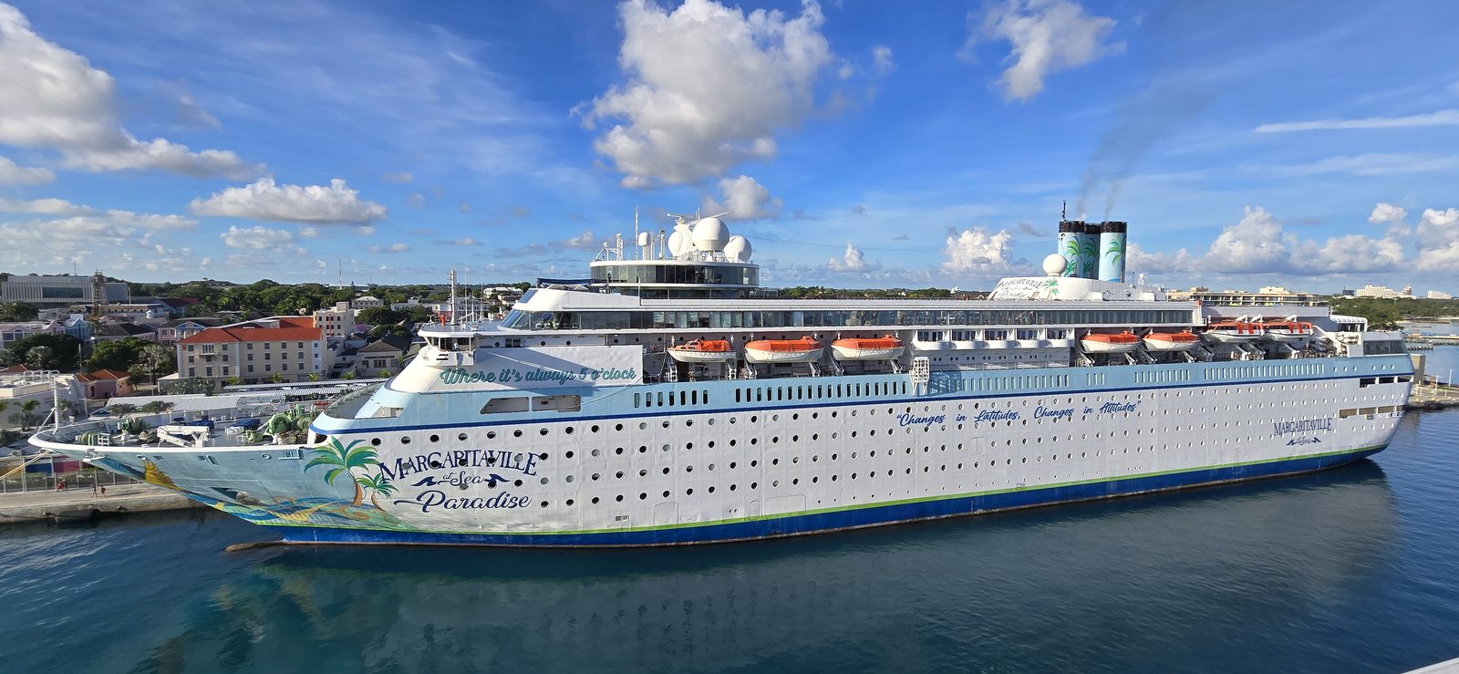 The Margaritaville at Sea Paradise docked in Nassau