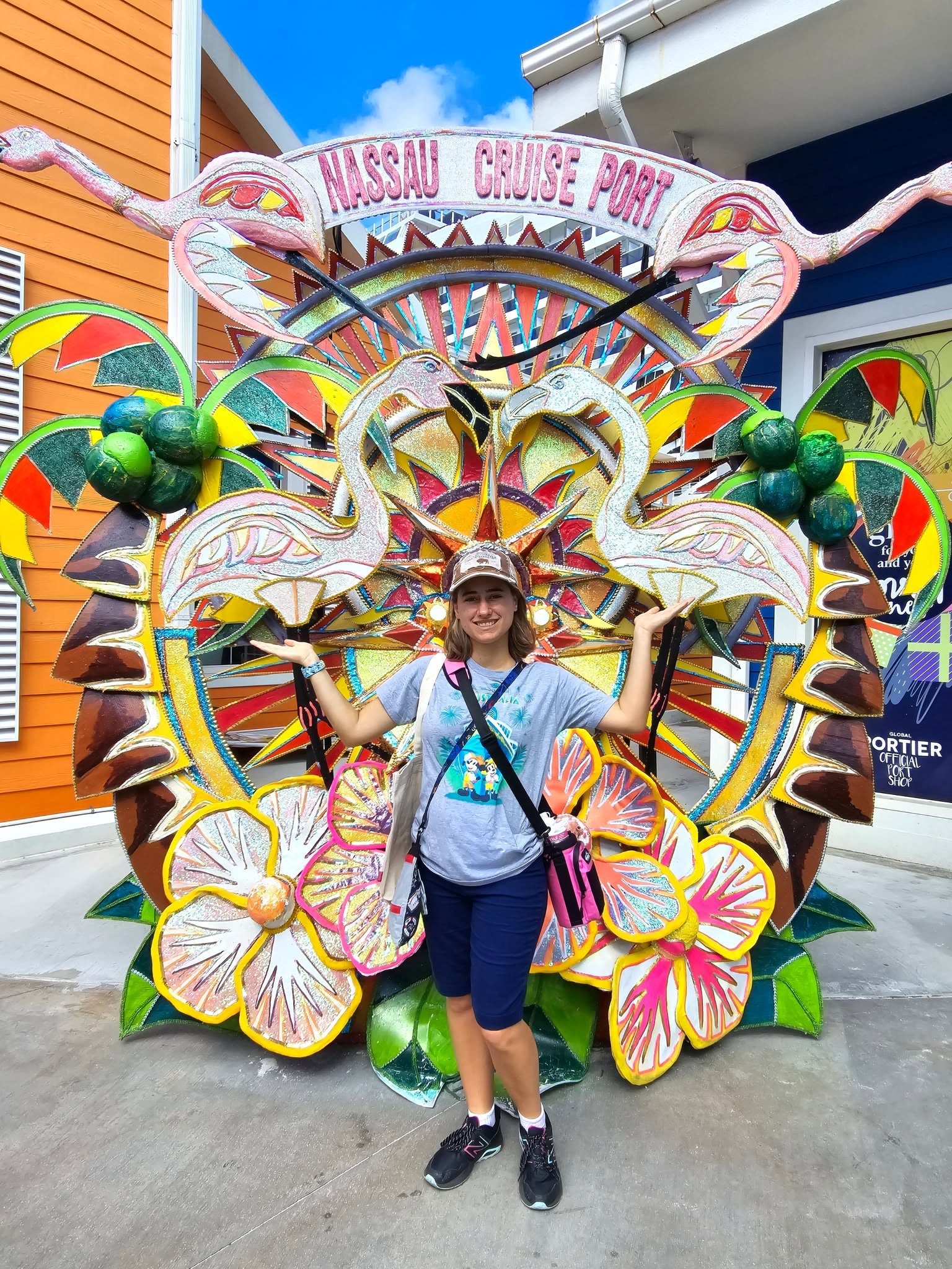 Lisa at the Nassau Cruise Port sign