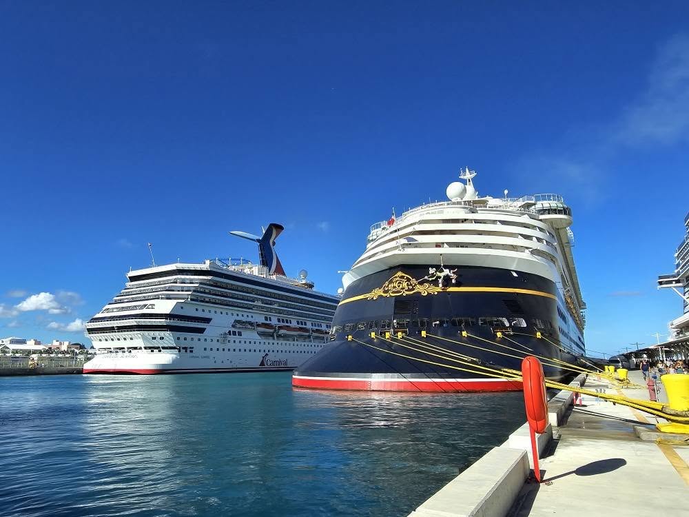 The Disney Magic docked beside the Carnival Sunrise in Nassau