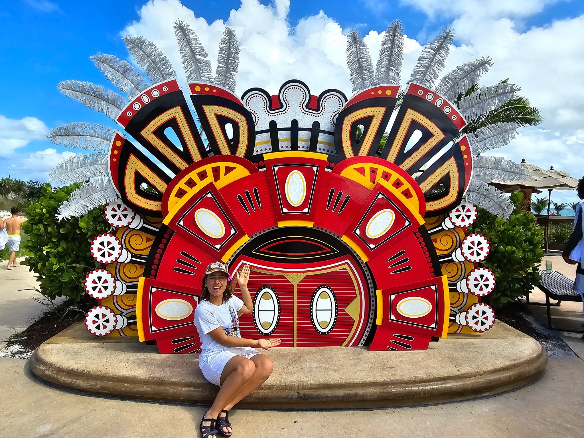 Lisa at one of the Junkanoo sculptures