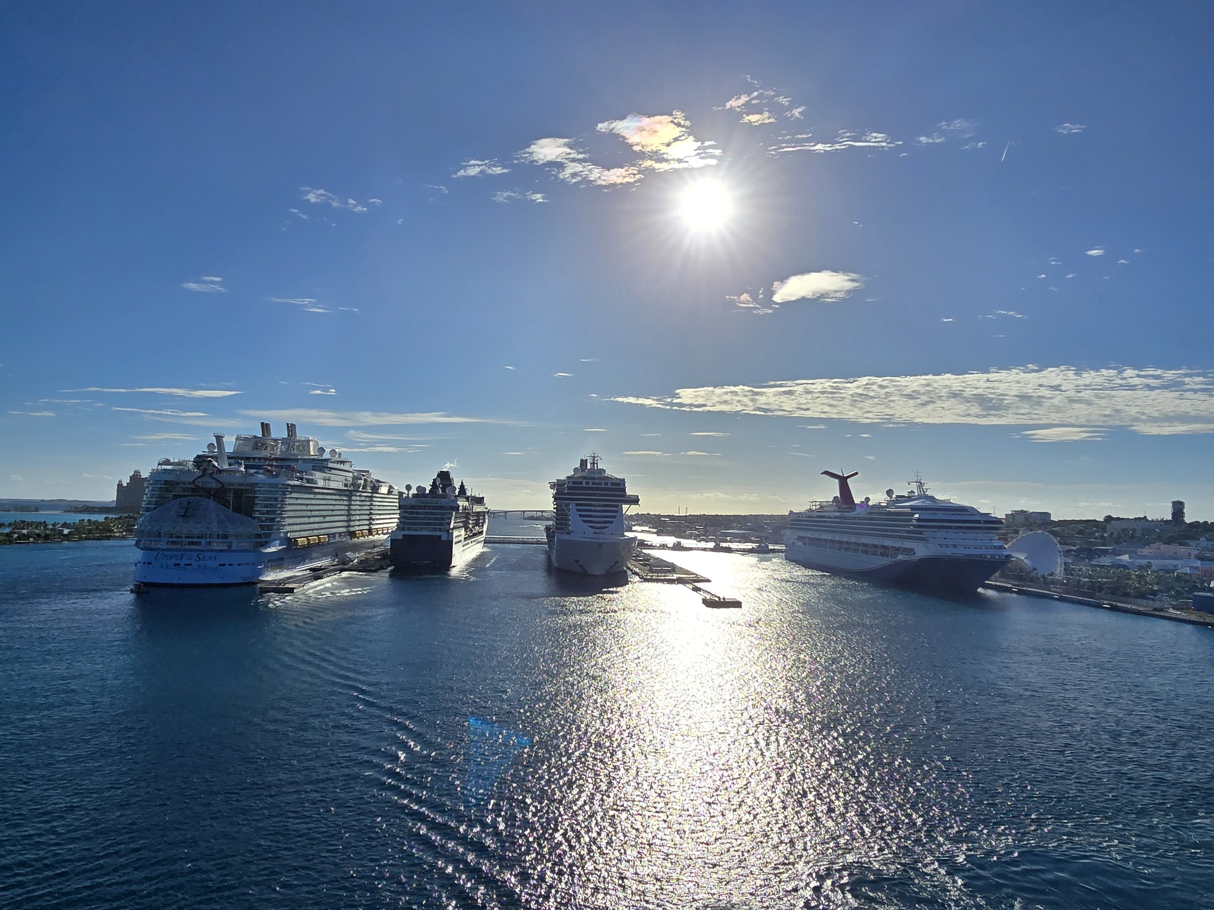 Cruise ships lined up in port in the morning